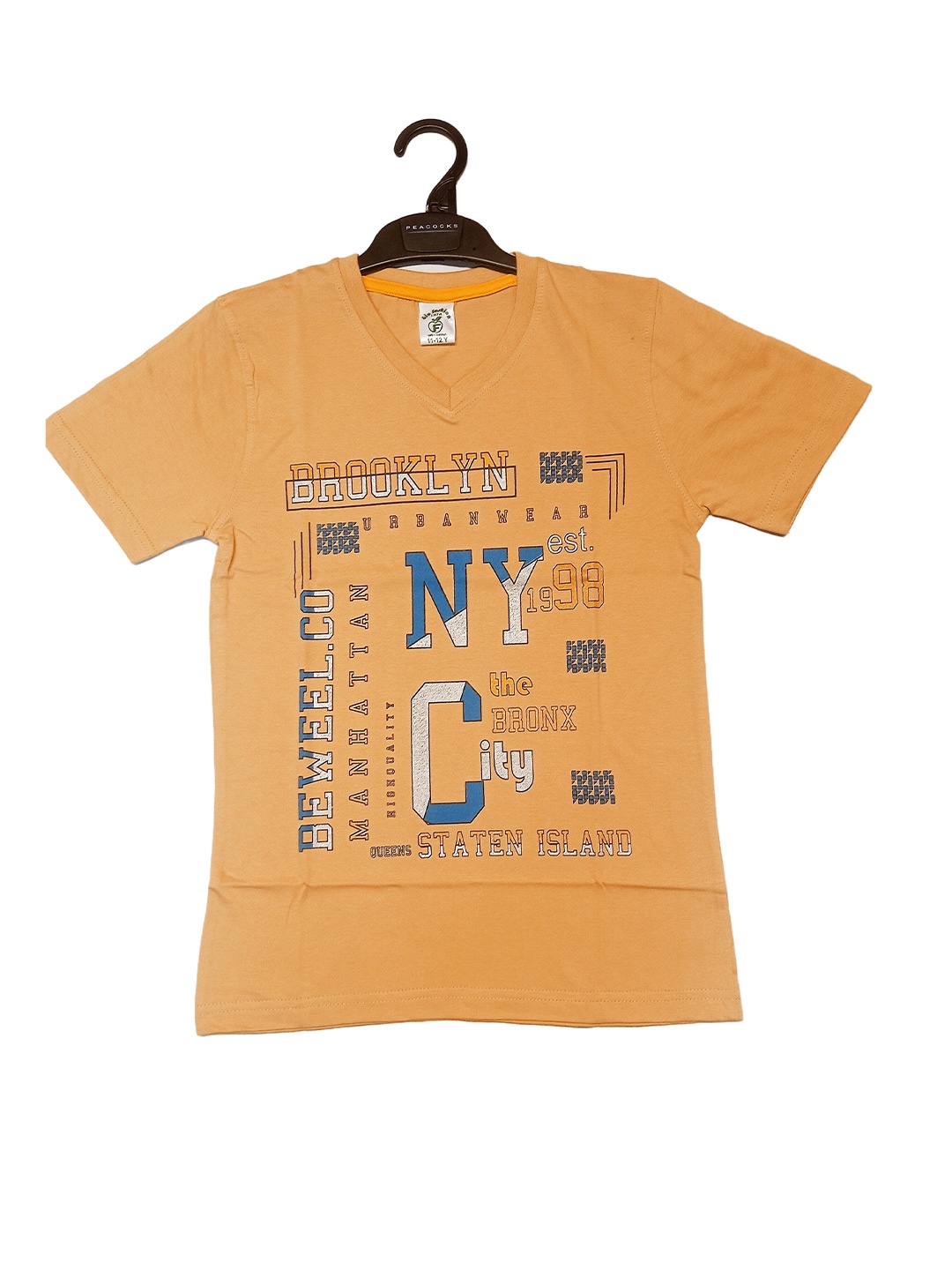 BAESD Boys Typography Printed V-Neck T-shirt, Beige