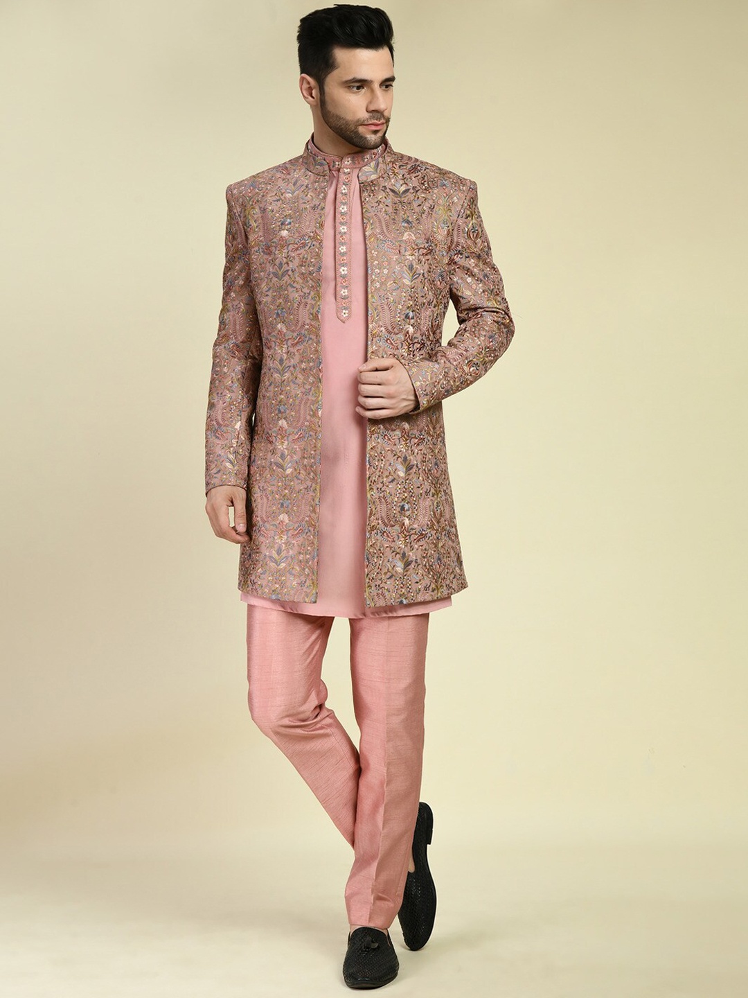 ONE MAN SHOW Straight Regular Kurta with Trousers & Floral Embroidered Jacket, Peach
ONE MAN SHOW Straight Regular Kurta with Trousers & Floral Embroidered Jacket, Peach