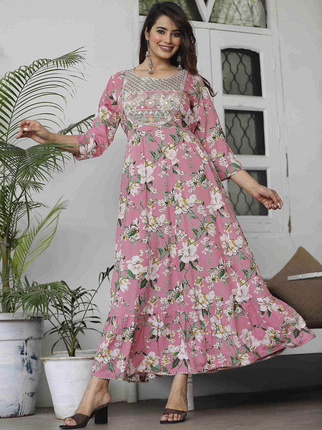 DARVIKAA COLLECTION Floral Printed Maxi Ethnic Dress, Pink