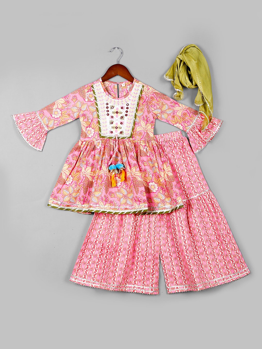 Naughty Ninos Girls Floral Printed Thread Work Pure Cotton Kurta with Sharara & Dupatta, Pink
Naughty Ninos Girls Floral Printed Thread Work Pure Cotton Kurta with Sharara & Dupatta, Pink