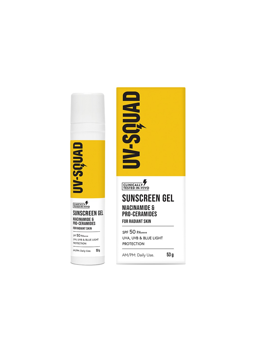 UV Squad Sunscreen Gel with Niacinamide & Pro-Ceramides SPF 50 PA+++ for Radiant Skin-53g, Yellow
UV Squad Sunscreen Gel with Niacinamide & Pro-Ceramides SPF 50 PA+++ for Radiant Skin-53g, Yellow