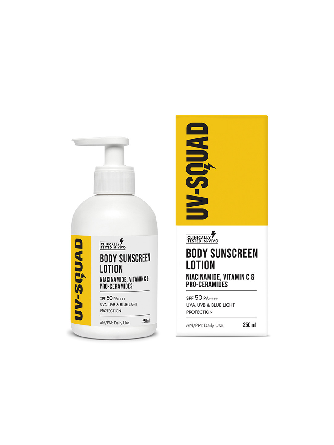 UV Squad Body Sunscreen Lotion SPF 50 PA++++ Niaciamide, Vitamin C & Pro-Ceramides - 250ml, White 
UV Squad Body Sunscreen Lotion SPF 50 PA++++ Niaciamide, Vitamin C & Pro-Ceramides - 250ml, White