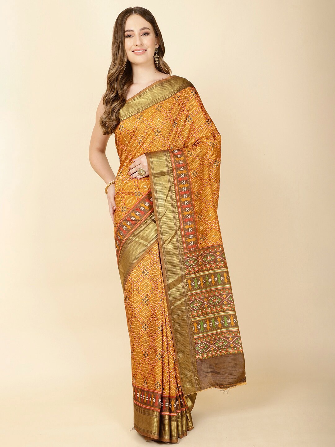 Meena Bazaar Geometric Printed Zari Saree, Yellow