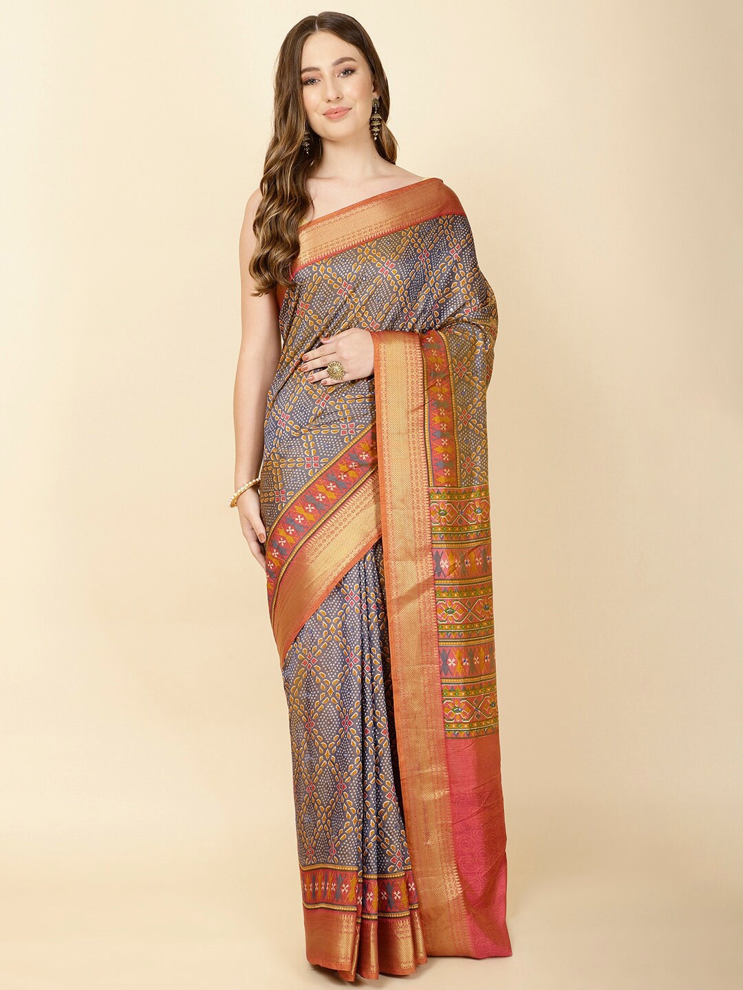 Meena Bazaar Geometric Printed Zari Saree, Grey