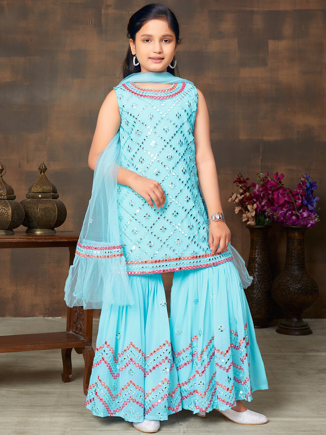 BAESD Girls Ethnic Motifs Embroidered Mirror Work Kurti With Sharara & Dupatta, Turquoise blue
BAESD Girls Ethnic Motifs Embroidered Mirror Work Kurti With Sharara & Dupatta, Turquoise blue