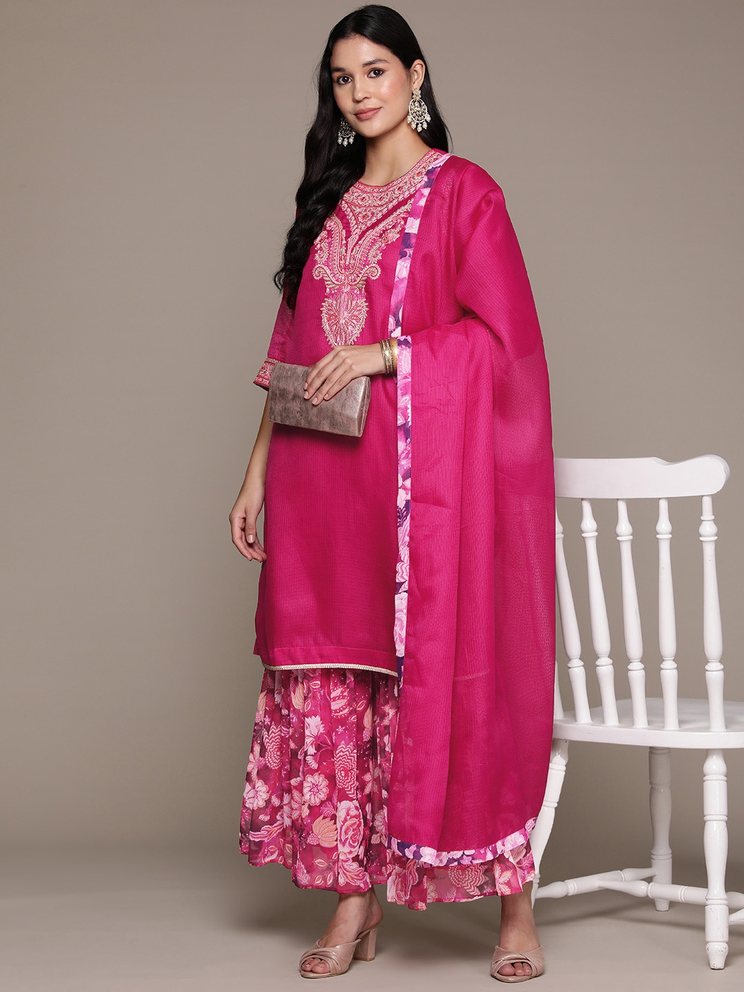 aarke Ritu Kumar Floral Yoke Design Regular Mirror Work Kurta with Sharara & Dupatta, Magenta
aarke Ritu Kumar Floral Yoke Design Regular Mirror Work Kurta with Sharara & Dupatta, Magenta