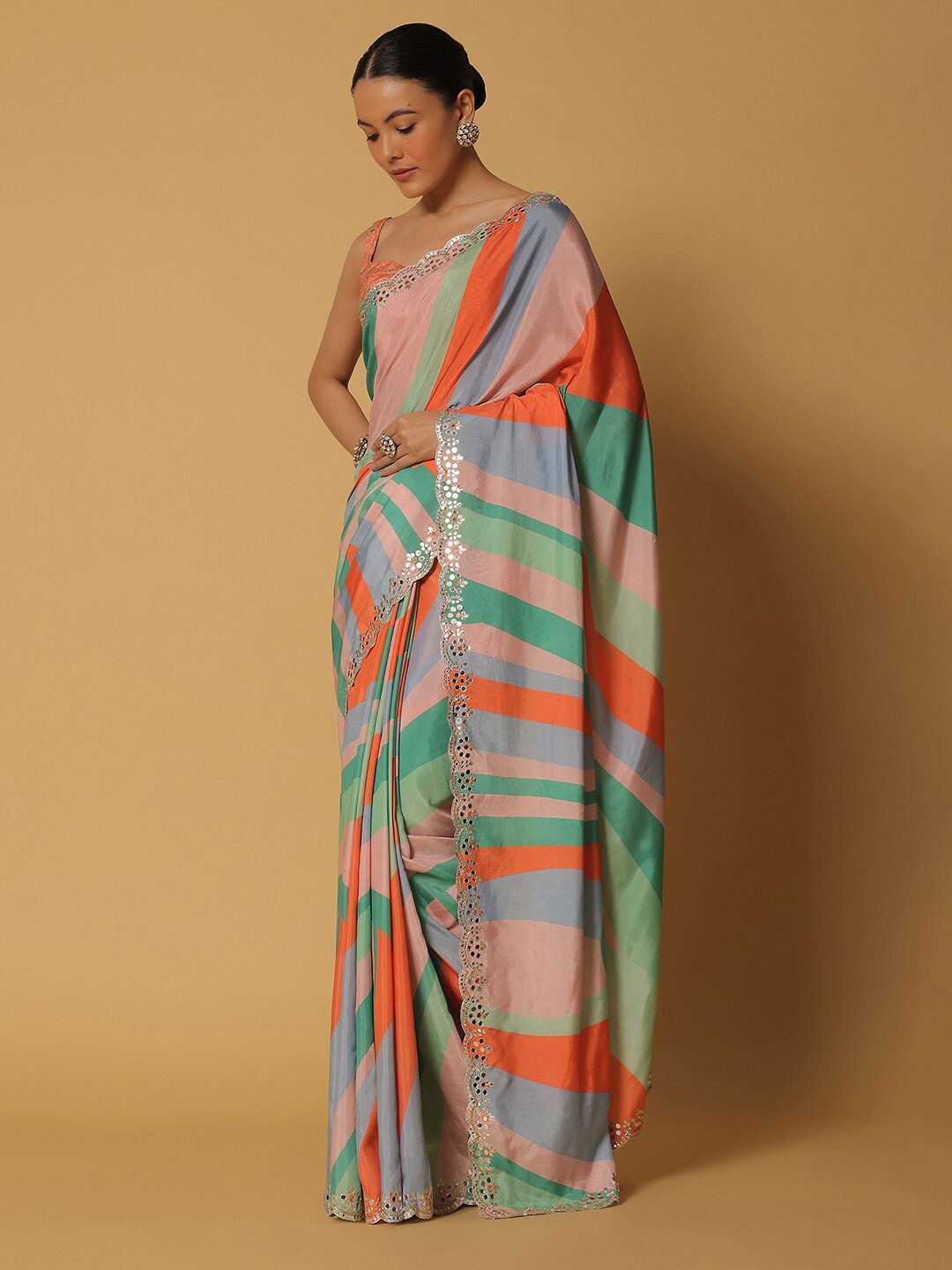KALKI Fashion Printed Mirror Work Pure Silk Saree, Pink