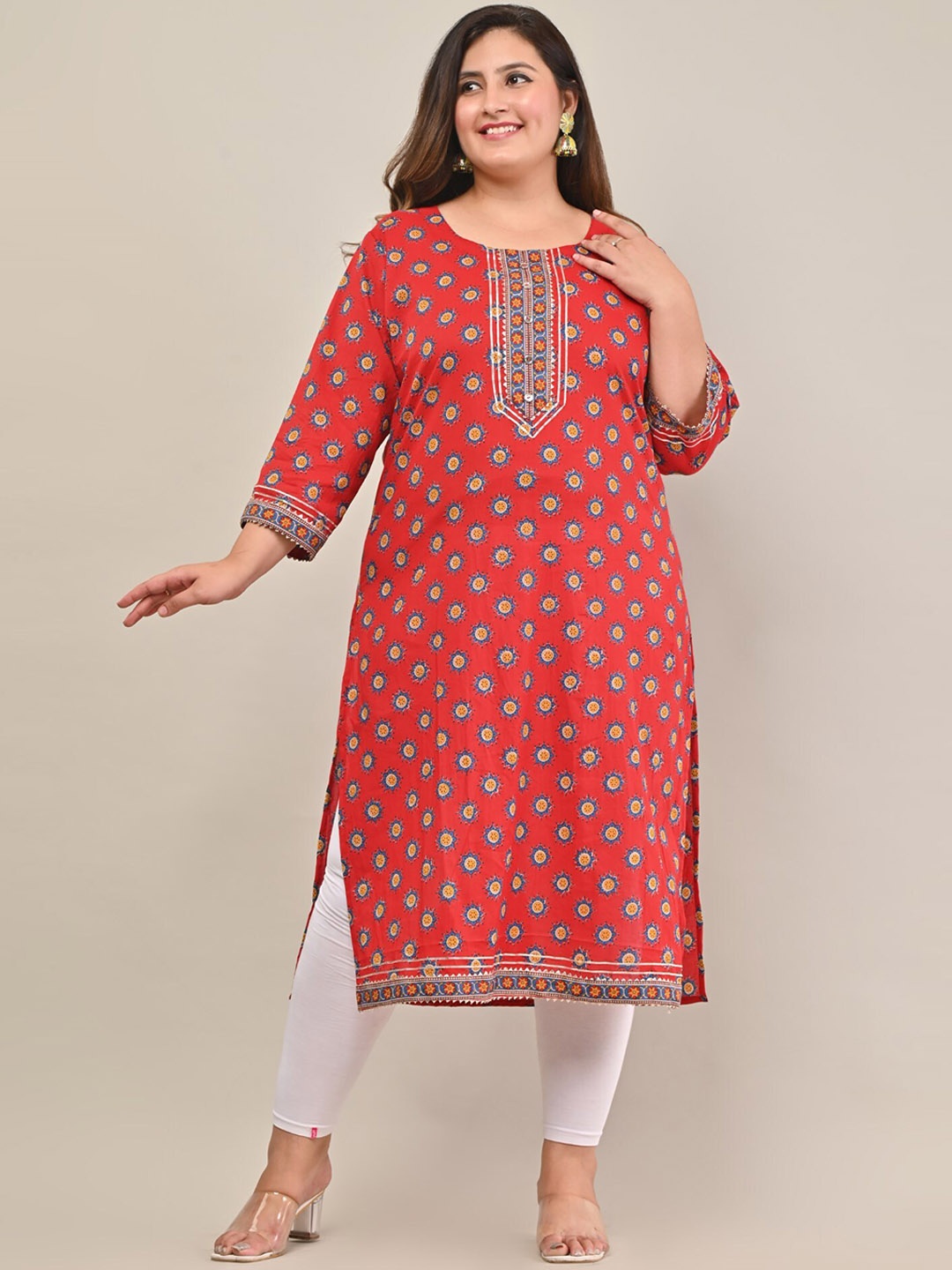 KALINI Plus Size Ethnic Motifs Printed Round Neck Gotta Patti Cotton Straight Kurta, Red
KALINI Plus Size Ethnic Motifs Printed Round Neck Gotta Patti Cotton Straight Kurta, Red