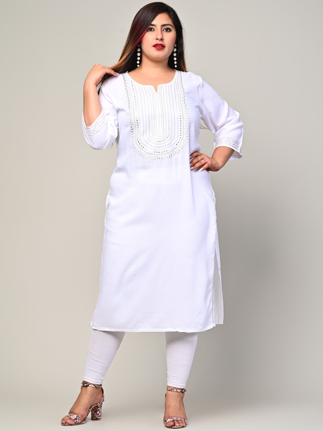KALINI Plus Size Ethnic Motifs Embroidered Notch Neck Mirror Work Straight Kurta, White
KALINI Plus Size Ethnic Motifs Embroidered Notch Neck Mirror Work Straight Kurta, White
