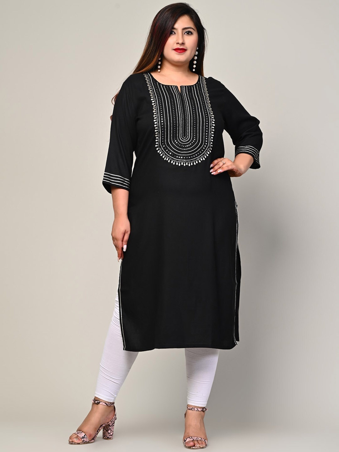 KALINI Plus Size Ethnic Motifs Embroidered Notch Neck Mirror Work Straight Kurta, Black
KALINI Plus Size Ethnic Motifs Embroidered Notch Neck Mirror Work Straight Kurta, Black