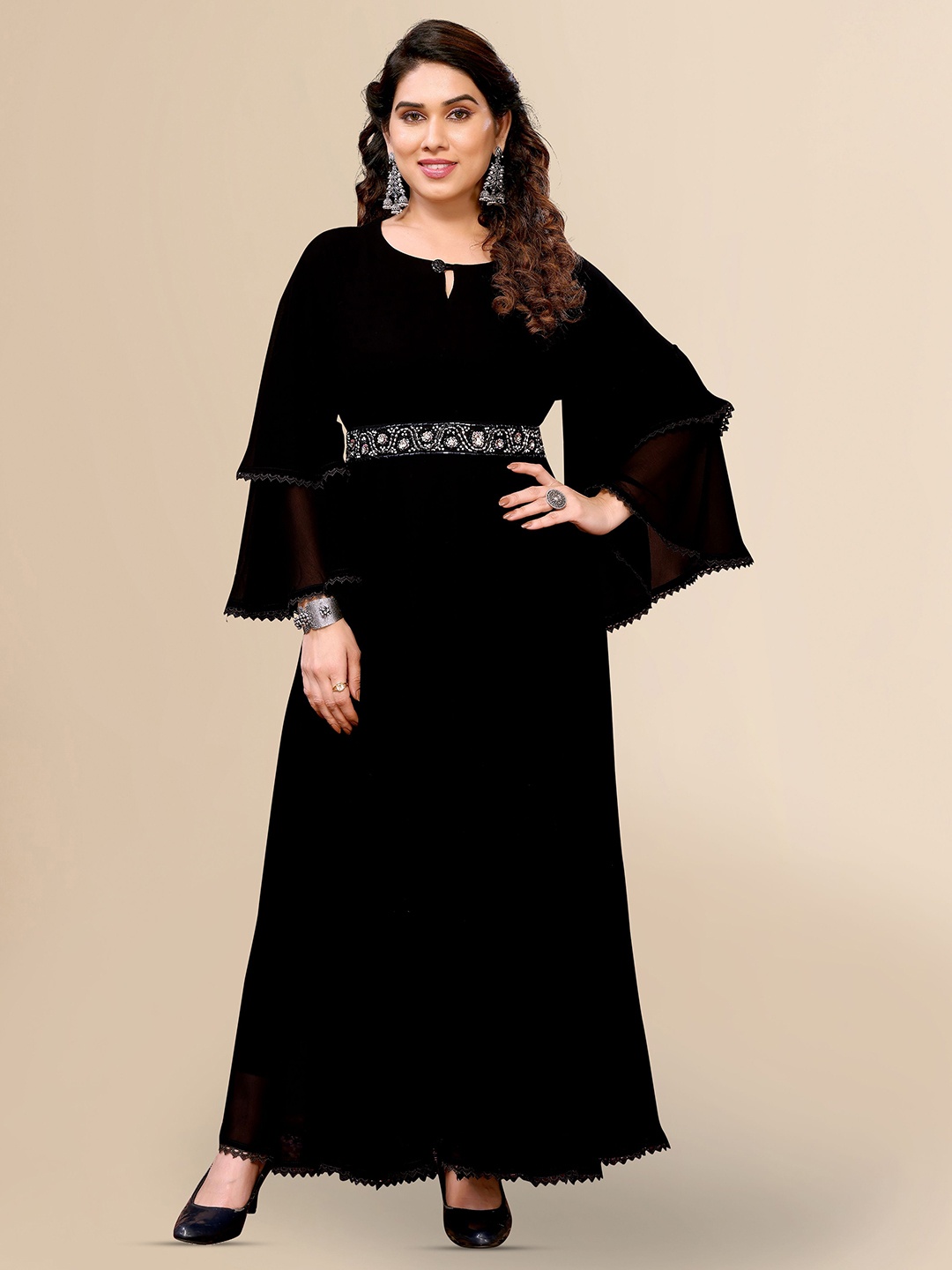 TITANIUM SILK INDUSTRIES PVT. LTD. Keyhole Neck Bell Sleeve Georgette Maxi Dress, Black
TITANIUM SILK INDUSTRIES PVT. LTD. Keyhole Neck Bell Sleeve Georgette Maxi Dress, Black