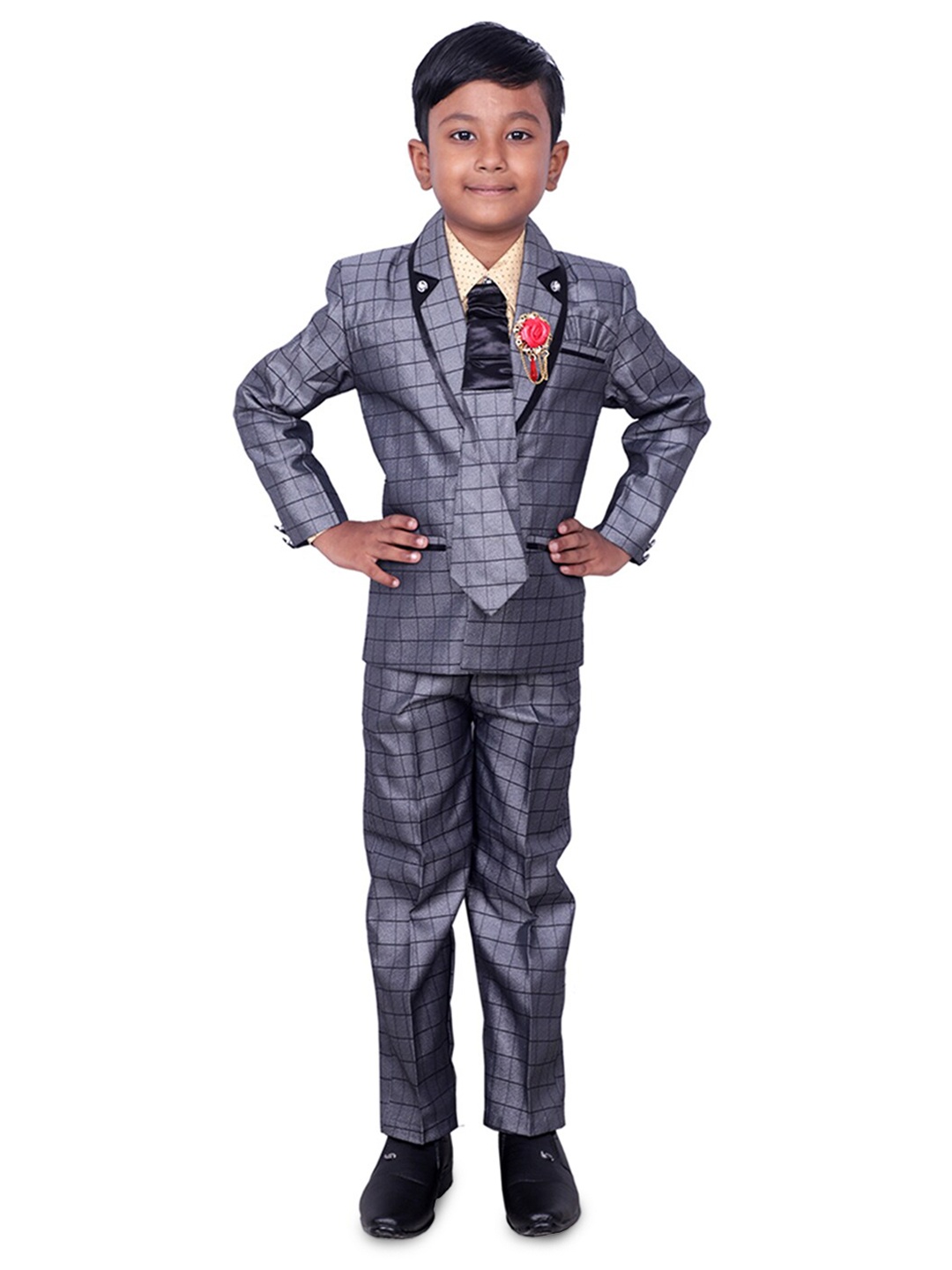 BAESD Checked Single-Breasted 4-Piece Party Suit, Grey