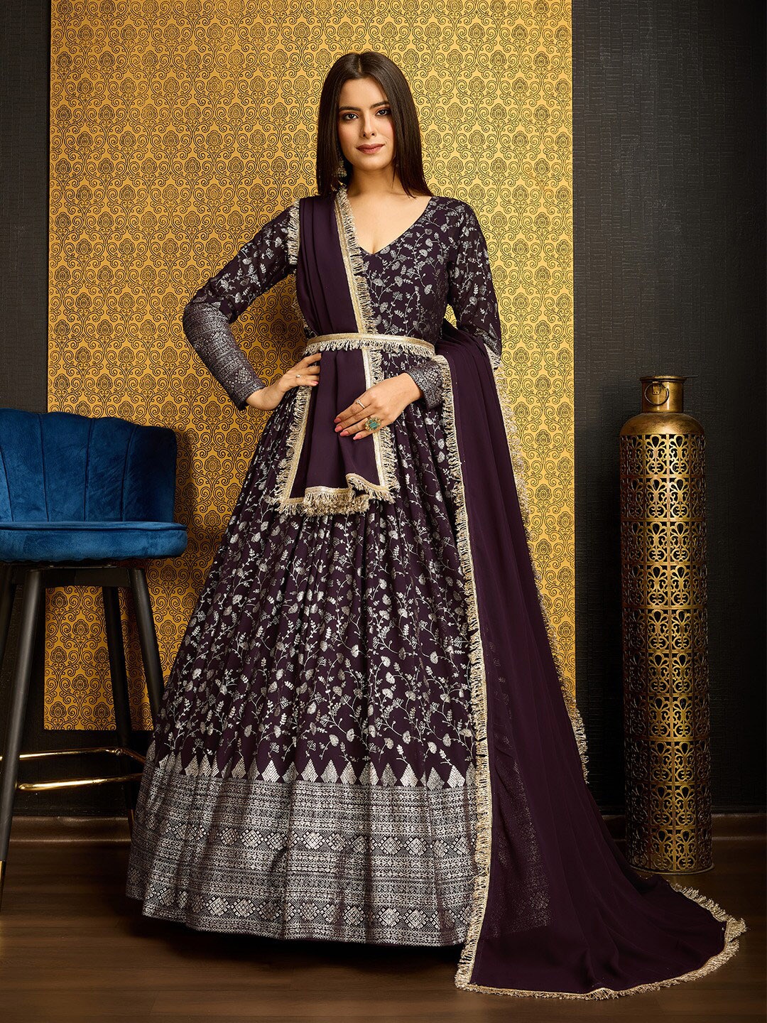KALINI Ethnic Motifs Printed Foil Work Georgette Flared Maxi Dress With Dupatta & Belt, Purple
KALINI Ethnic Motifs Printed Foil Work Georgette Flared Maxi Dress With Dupatta & Belt, Purple