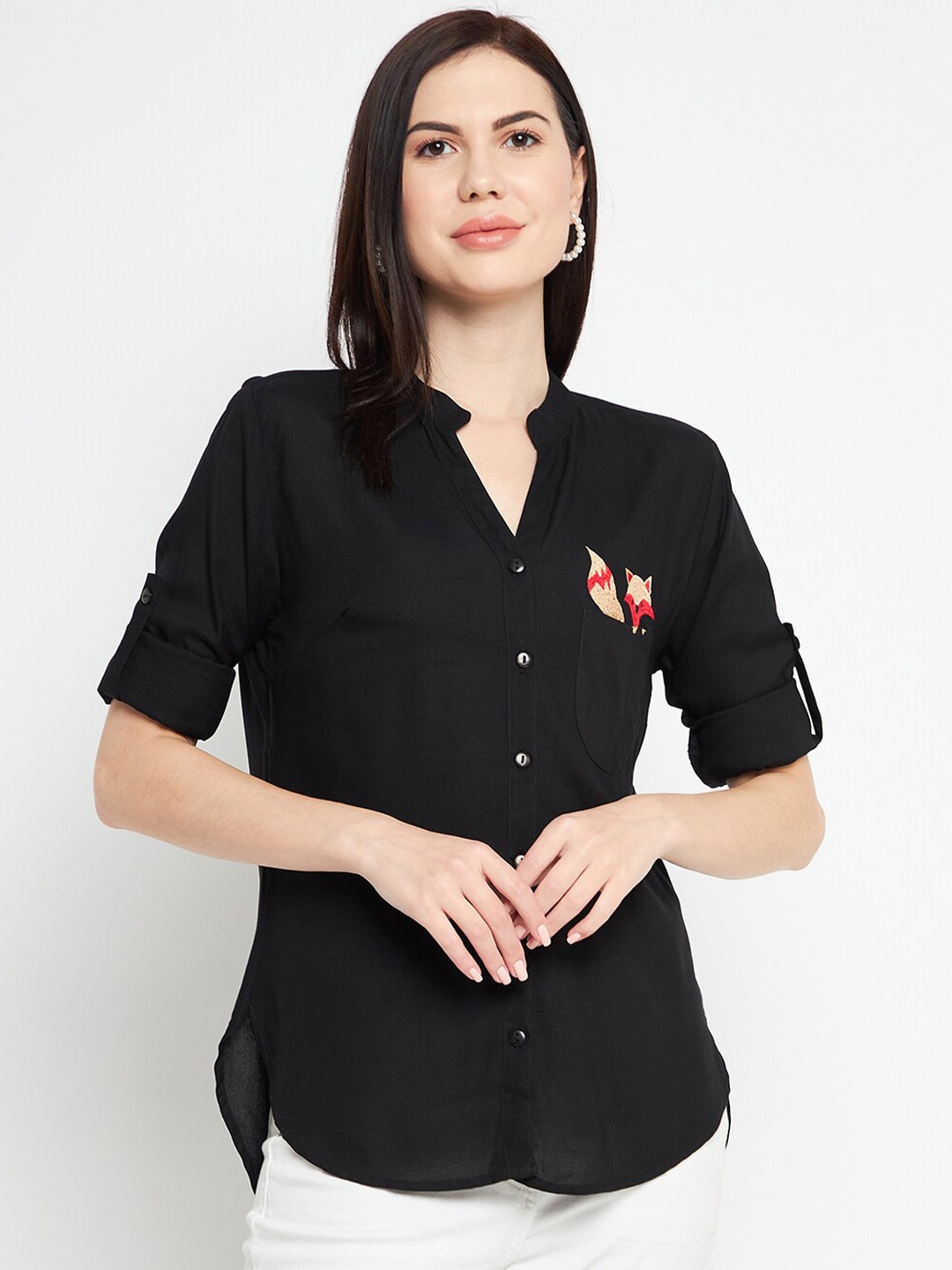 Ruhaans Classic Embroidered Detail Mandarin Collar Roll-Up Sleeves High-Low Casual Shirt, Black
Ruhaans Classic Embroidered Detail Mandarin Collar Roll-Up Sleeves High-Low Casual Shirt, Black
