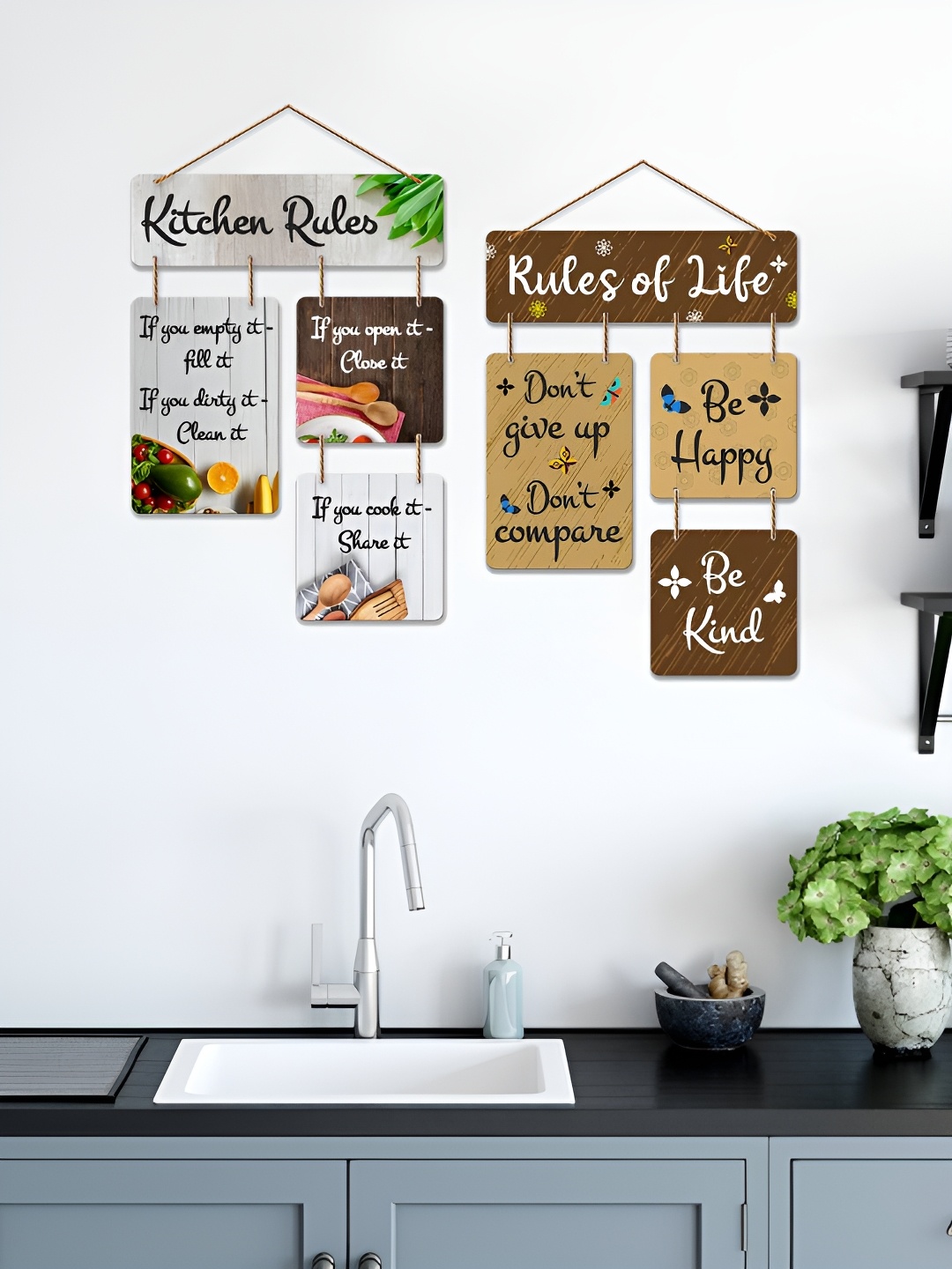 ArtVibes Grey & Brown 2 Pieces Quote Painted Wooden Wall Hangings