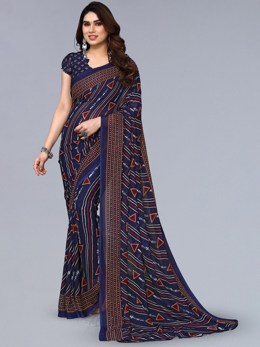 ANAND SAREES Poly Georgette Saree, Navy blue