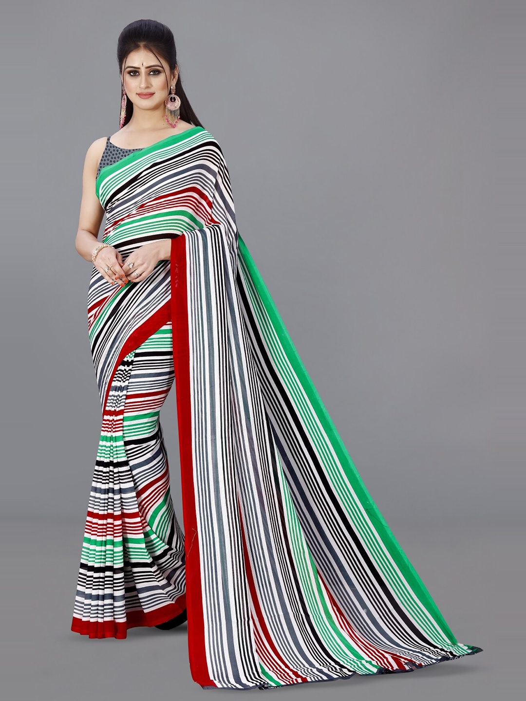 ANAND SAREES Striped Poly Georgette Saree, Grey