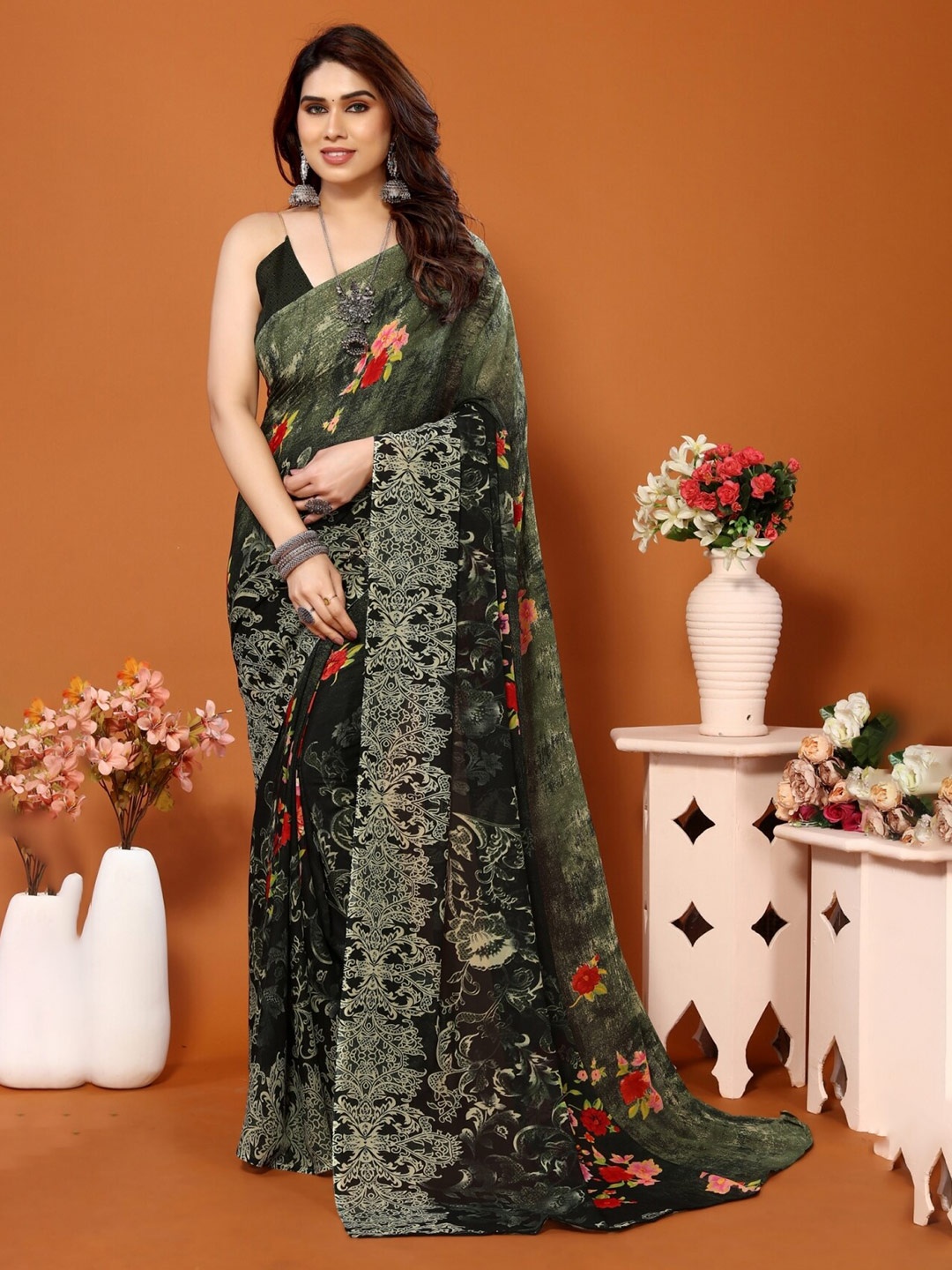 ANAND SAREES Floral Printed Saree, Green