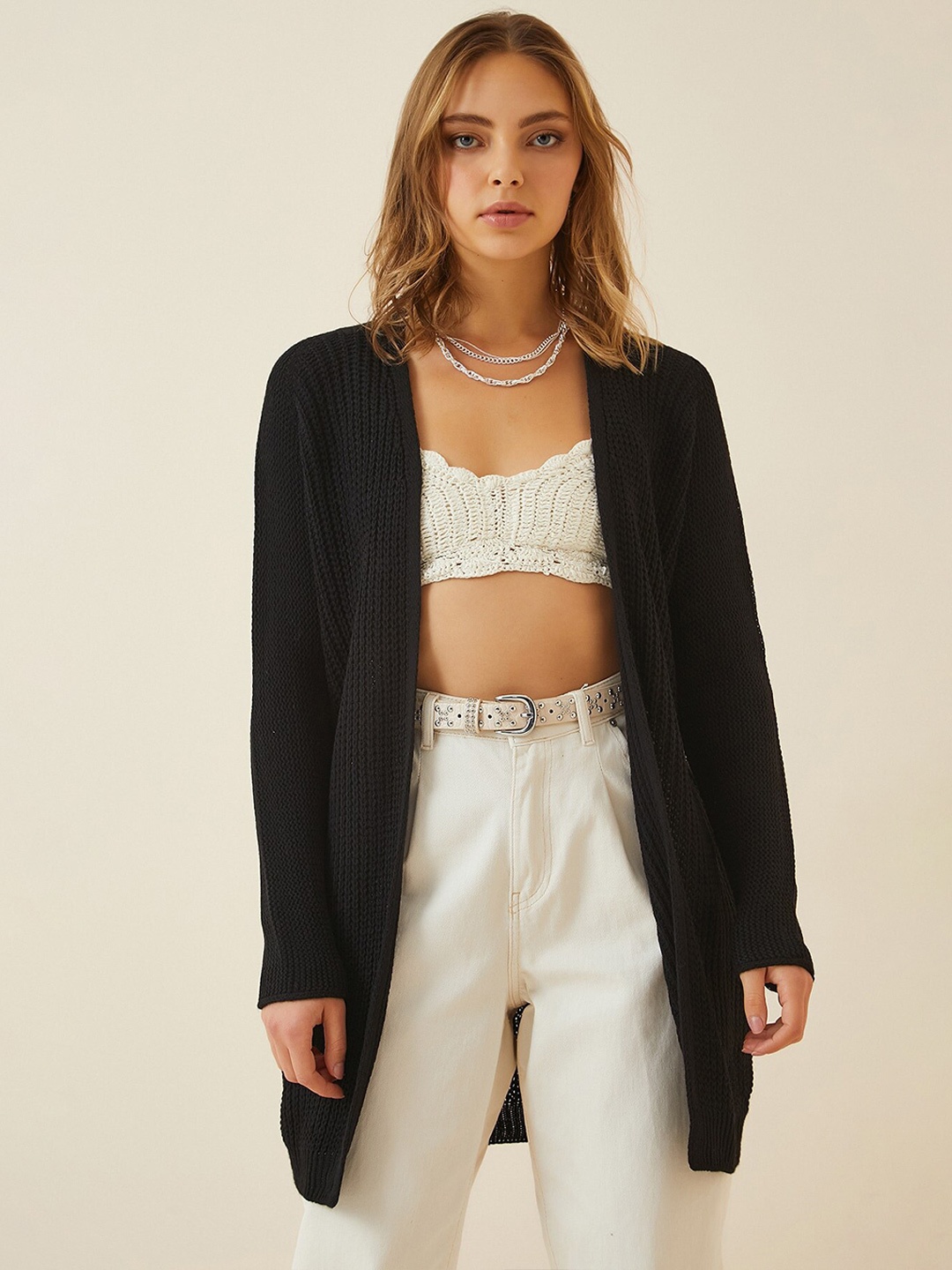 Happiness istanbul Cable Knit Self Design Acrylic Longline Front-Open Sweater, Black
Happiness istanbul Cable Knit Self Design Acrylic Longline Front-Open Sweater, Black