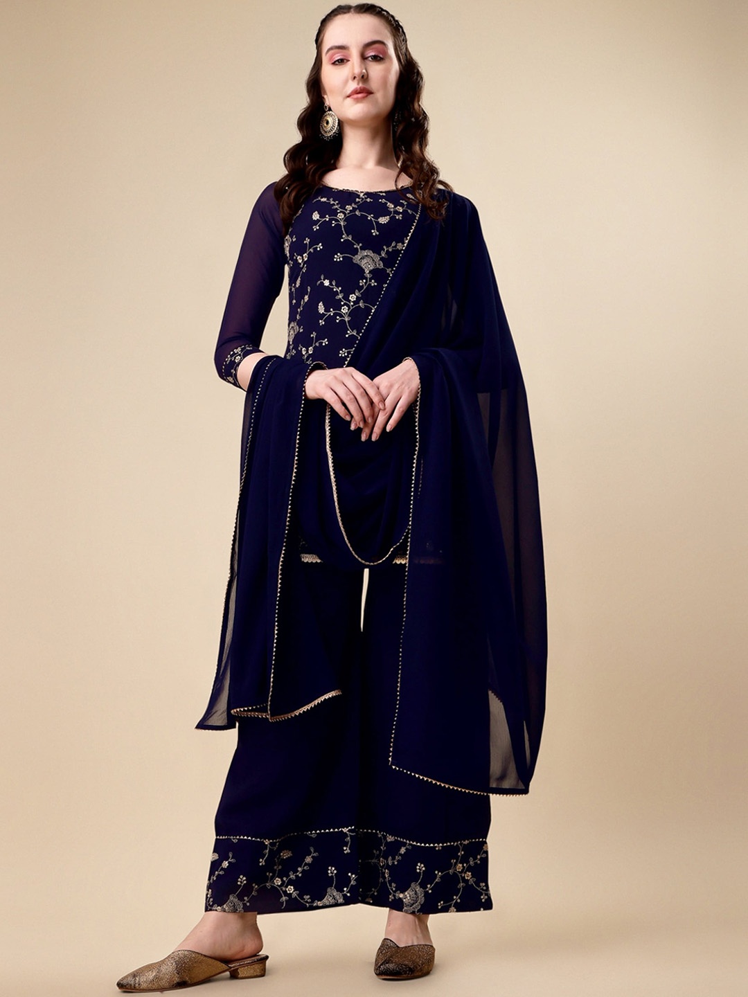 NIZA FASHION Floral Embroidered Regular Gotta Patti Kurta With Palazzos & Dupatta, Blue
NIZA FASHION Floral Embroidered Regular Gotta Patti Kurta With Palazzos & Dupatta, Blue