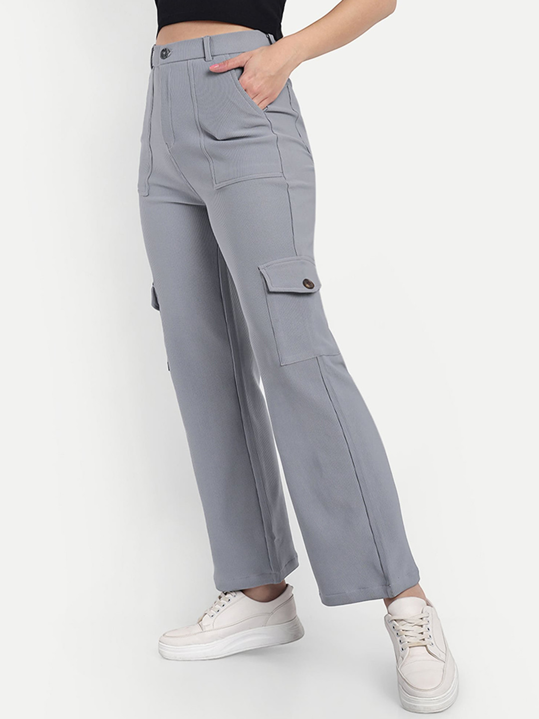 BROADSTAR Women Smart Straight Fit High-Rise Easy Wash Corduroy Cargos Trousers, Grey
BROADSTAR Women Smart Straight Fit High-Rise Easy Wash Corduroy Cargos Trousers, Grey