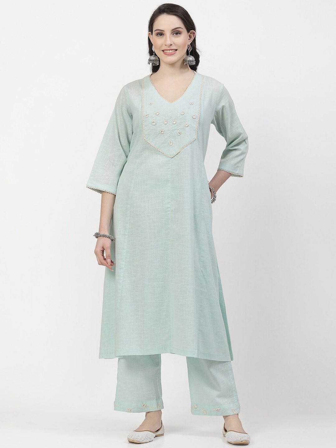 DART STUDIO Ethnic Motifs Yoke Design Mirror Work Pure Cotton A-Line Kurta with Palazzos, Sea green
DART STUDIO Ethnic Motifs Yoke Design Mirror Work Pure Cotton A-Line Kurta with Palazzos, Sea green