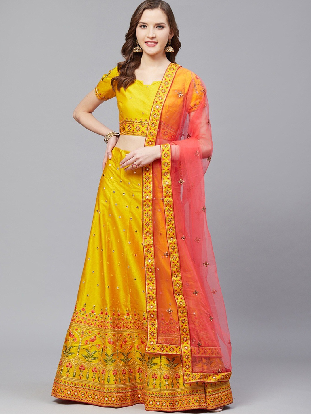 KALINI Embroidered Thread Work Semi-Stitched Lehenga & Blouse With Dupatta, Mustard
KALINI Embroidered Thread Work Semi-Stitched Lehenga & Blouse With Dupatta, Mustard