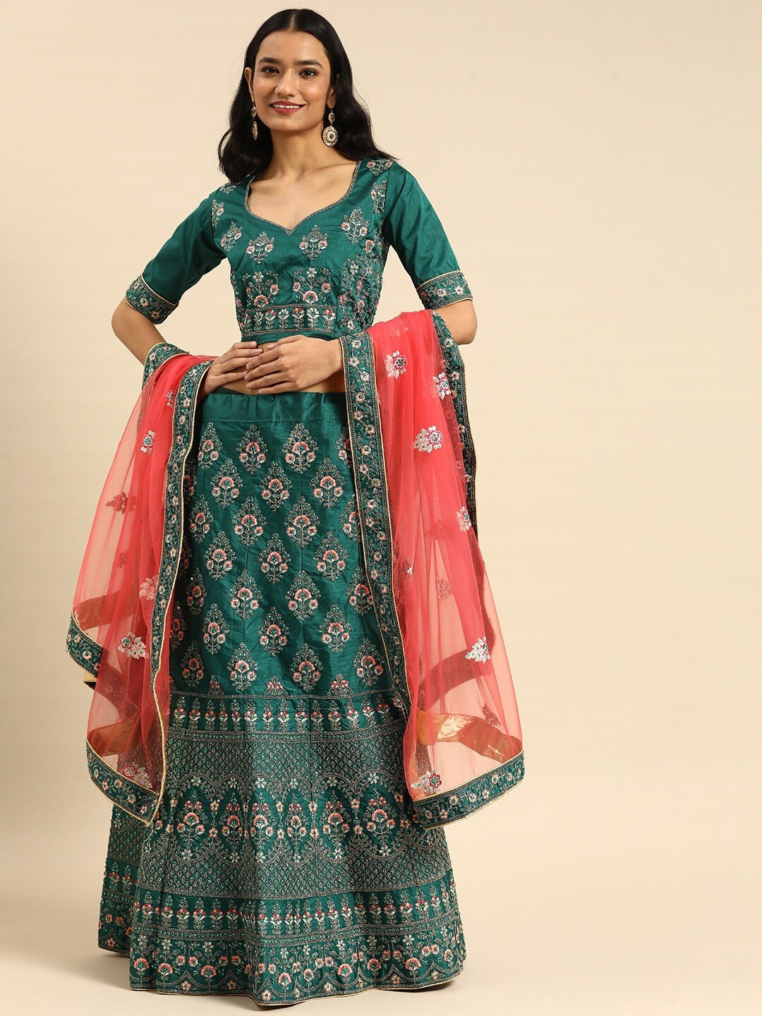 Shaily Embroidered Beads and Stones Semi-Stitched Lehenga & Blouse With Dupatta, Green
Shaily Embroidered Beads and Stones Semi-Stitched Lehenga & Blouse With Dupatta, Green