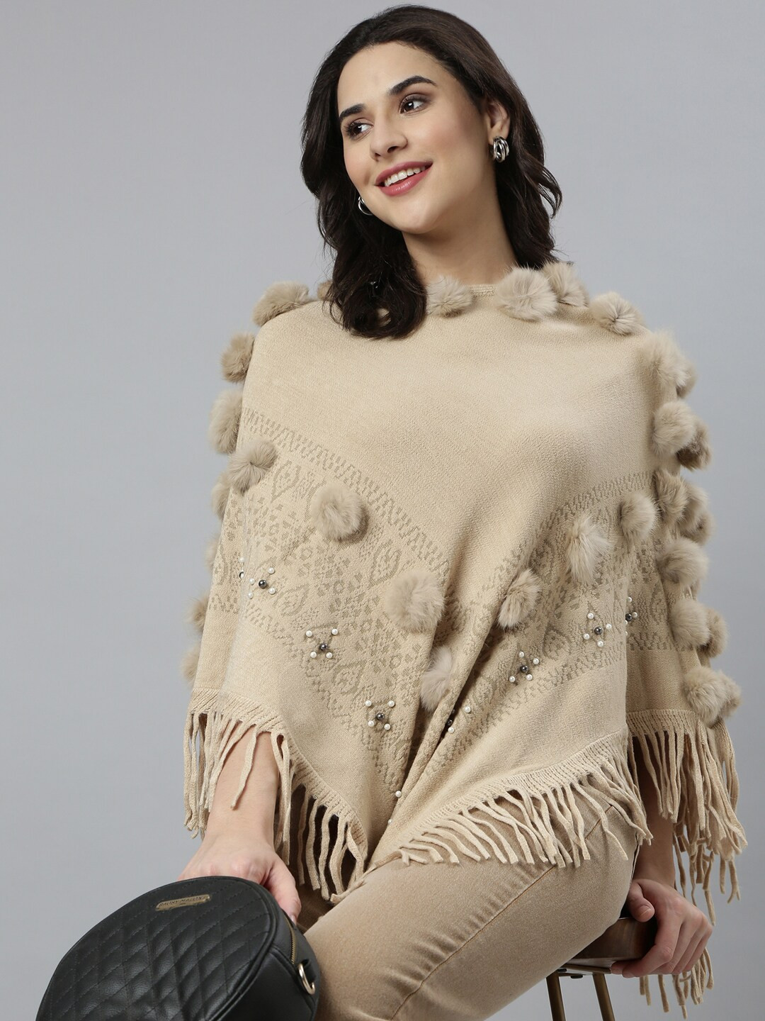SHOWOFF Women Cable Knit Longline Poncho with Embellished Detail, Beige
SHOWOFF Women Cable Knit Longline Poncho with Embellished Detail, Beige