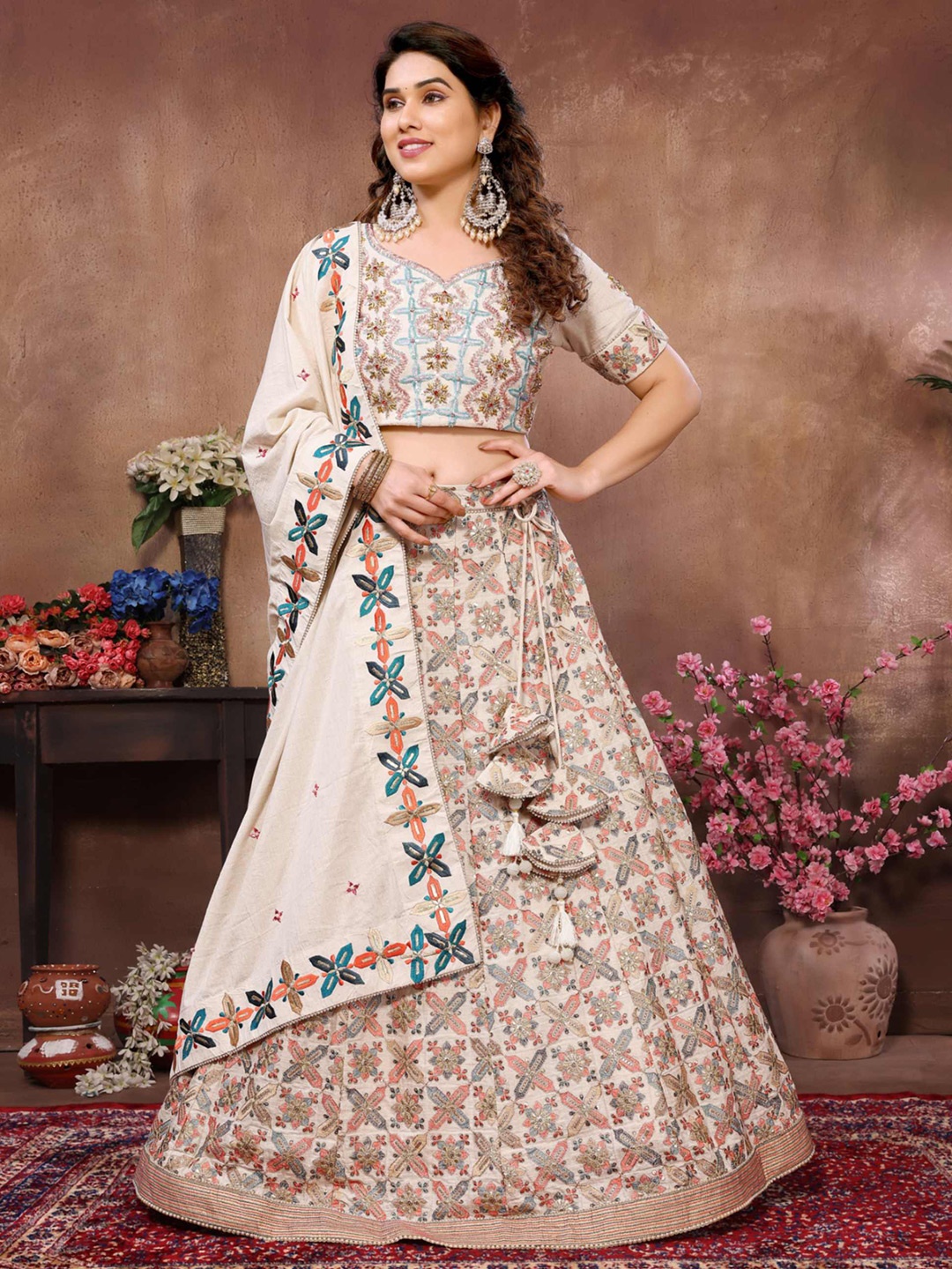 Titanium Silk Industries Embroidered Beads and Stones Lehenga & Blouse With Dupatta, Beige
Titanium Silk Industries Embroidered Beads and Stones Lehenga & Blouse With Dupatta, Beige