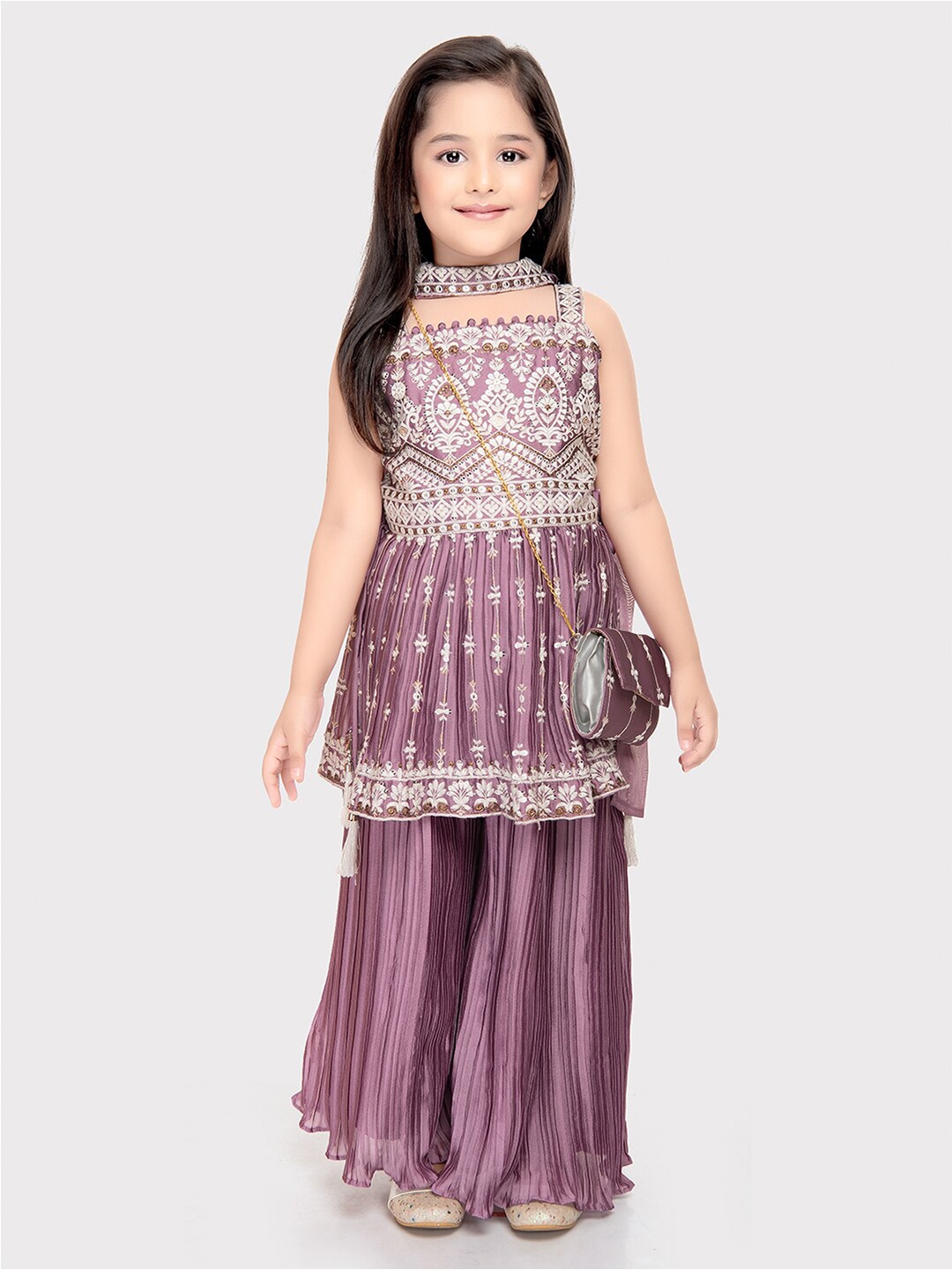 Tiny Kingdom Girls Embroidered Sleeveless Empire Kurta With Palazzos & Dupatta, Lavender