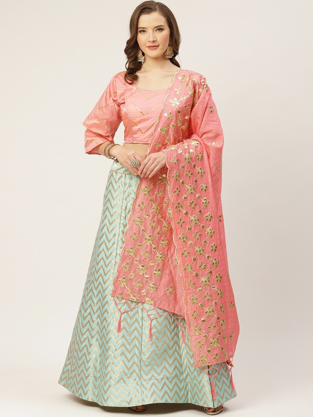 Shaily Chevron Woven Design Zari Semi-Stitched Lehenga & Blouse With Dupatta, Sea green
Shaily Chevron Woven Design Zari Semi-Stitched Lehenga & Blouse With Dupatta, Sea green