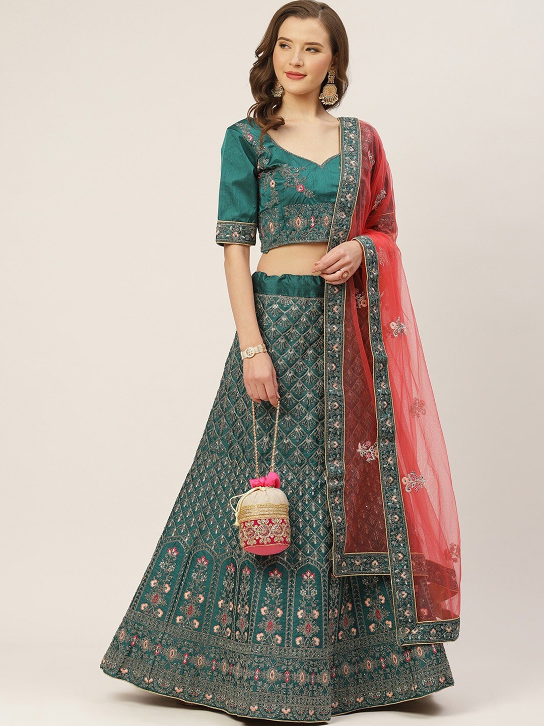 KALINI Embellished Beads and Stones Semi-Stitched Lehenga & Blouse With Dupatta, Teal
KALINI Embellished Beads and Stones Semi-Stitched Lehenga & Blouse With Dupatta, Teal