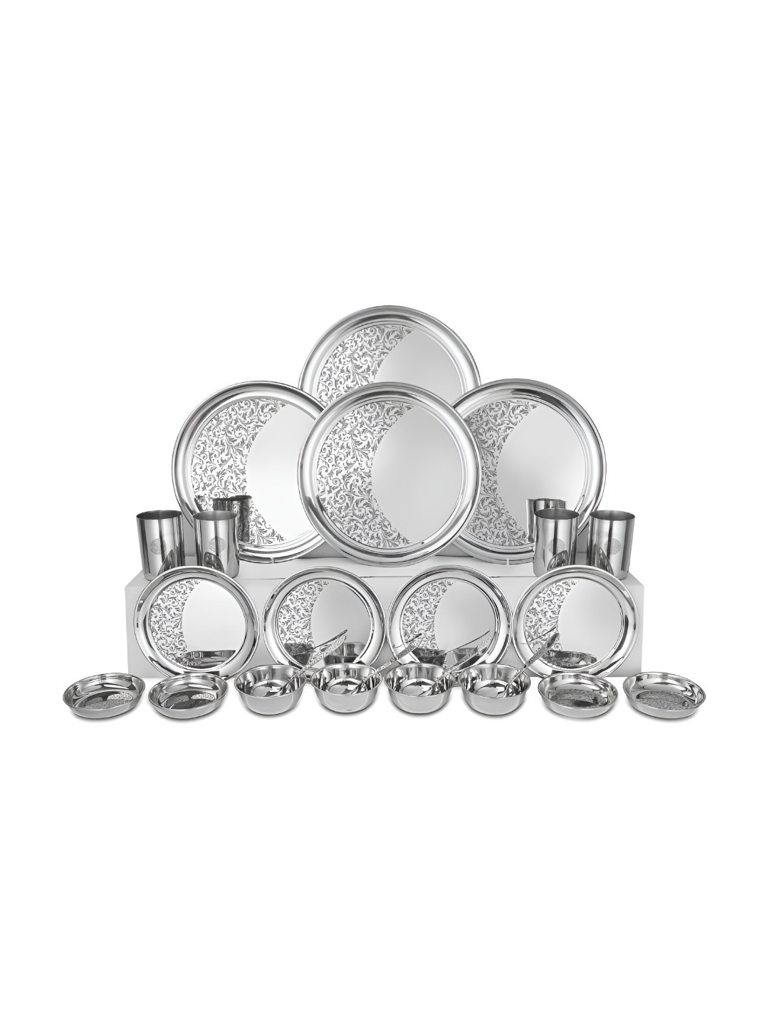 Shri & Sam Shagun 24 Pieces Floral Printed Stainless Steel Glossy Dinner Set, Silver 
Shri & Sam Shagun 24 Pieces Floral Printed Stainless Steel Glossy Dinner Set, Silver