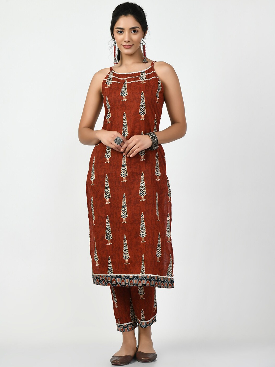 KALINI Ethnic Motifs Printed Shoulder Strap Regular Pure Cotton Kurta with Trousers, Rust
KALINI Ethnic Motifs Printed Shoulder Strap Regular Pure Cotton Kurta with Trousers, Rust