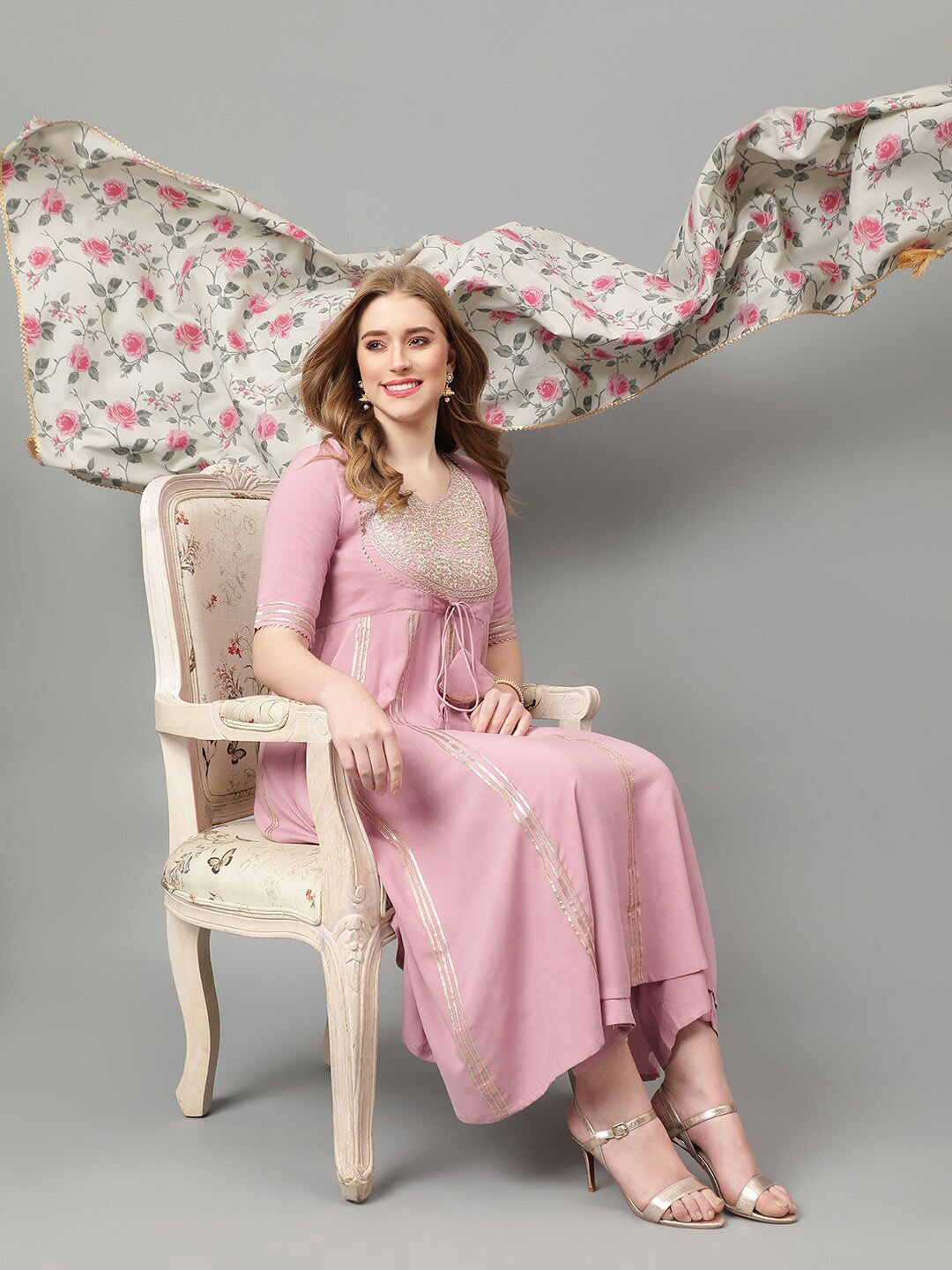 Khushal K Women Embroidered Empire Gotta Patti Kurta with Trousers & With Dupatta, Pink
Khushal K Women Embroidered Empire Gotta Patti Kurta with Trousers & With Dupatta, Pink