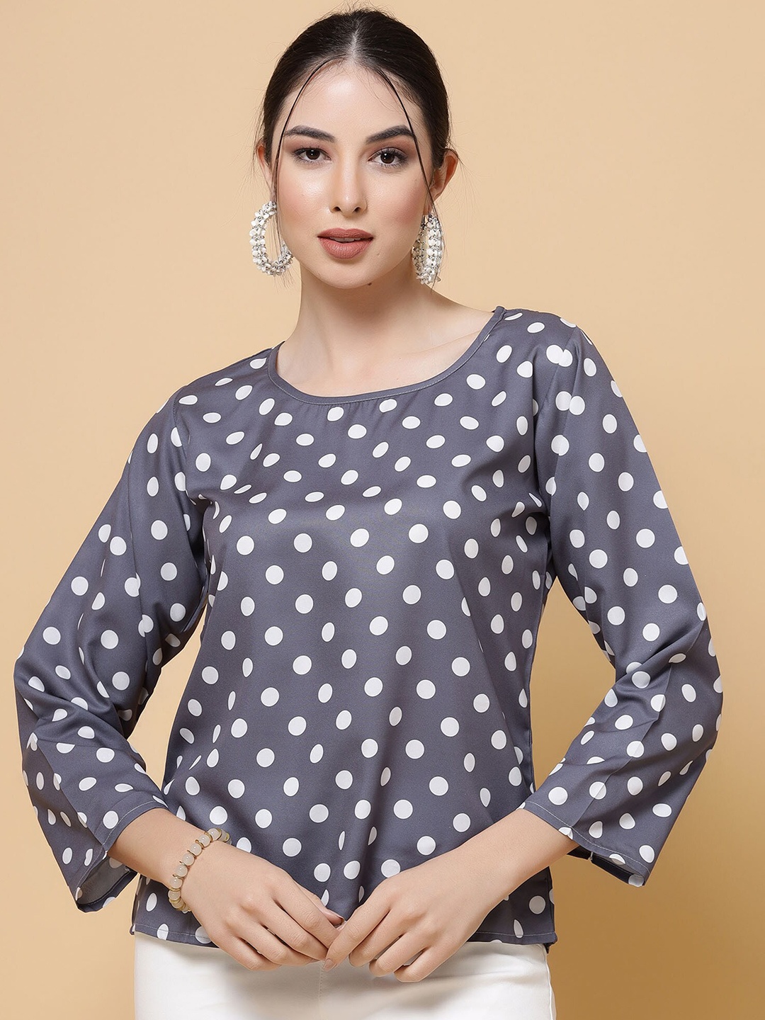 MISS AYSE Polka Dot Print Crepe Top, Grey