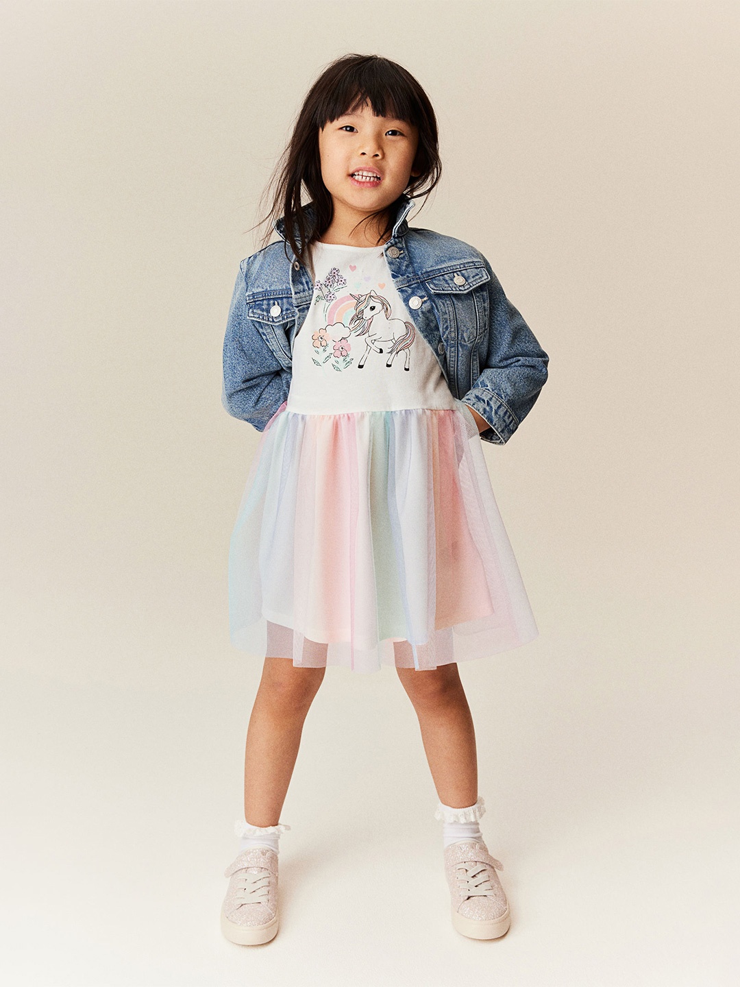 H&M Girls Tulle-Skirt Jersey Dress, White