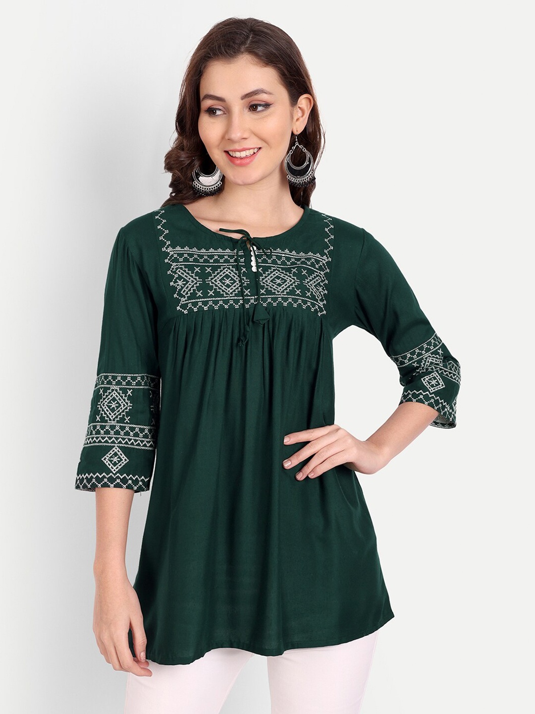 PARTHVI Ethnic Motifs Embroidered Tie-Up Neck A-Line Kurti, Green