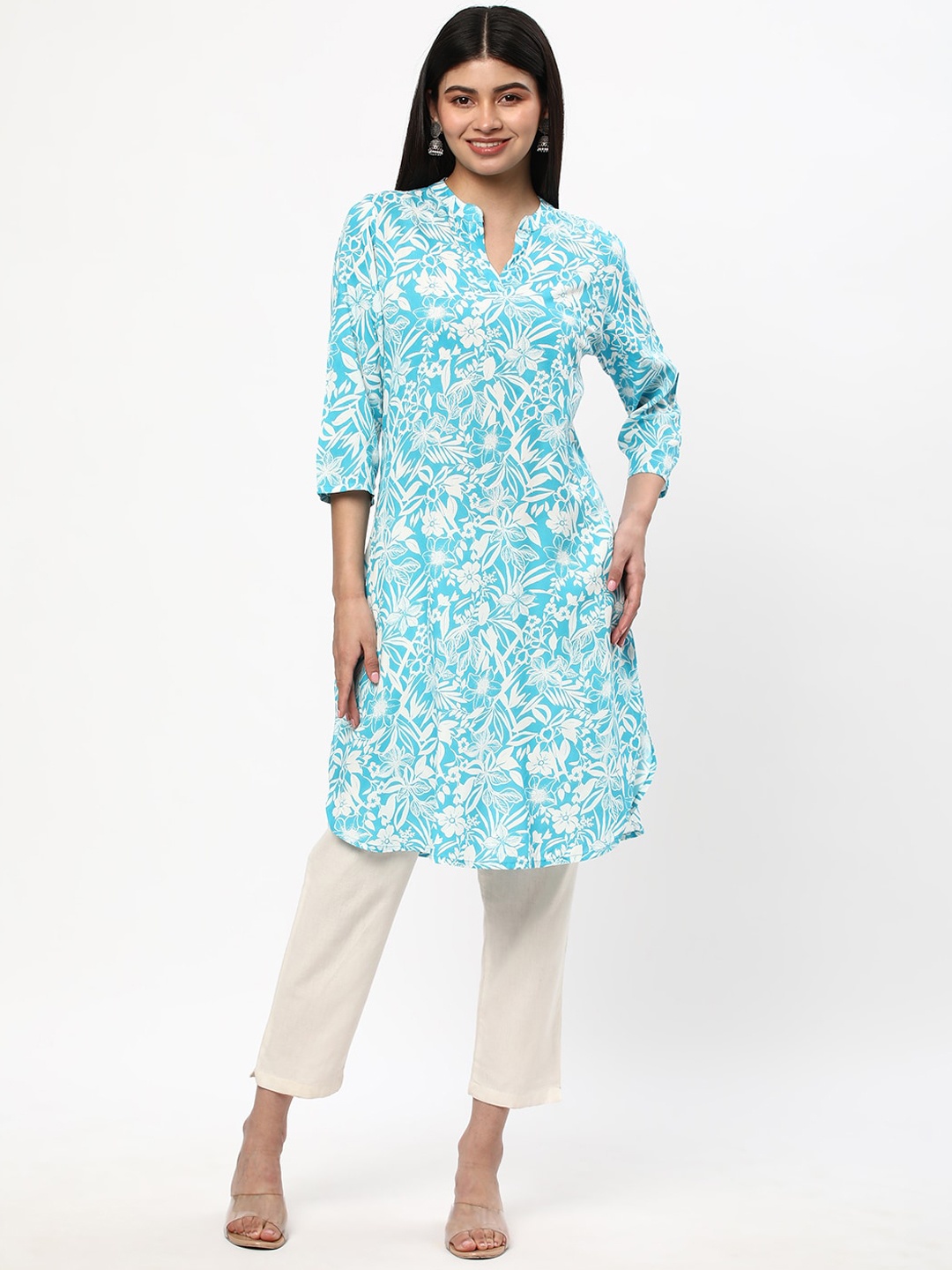 R&B Women Floral Dyed Thread Work Kurta, Blue