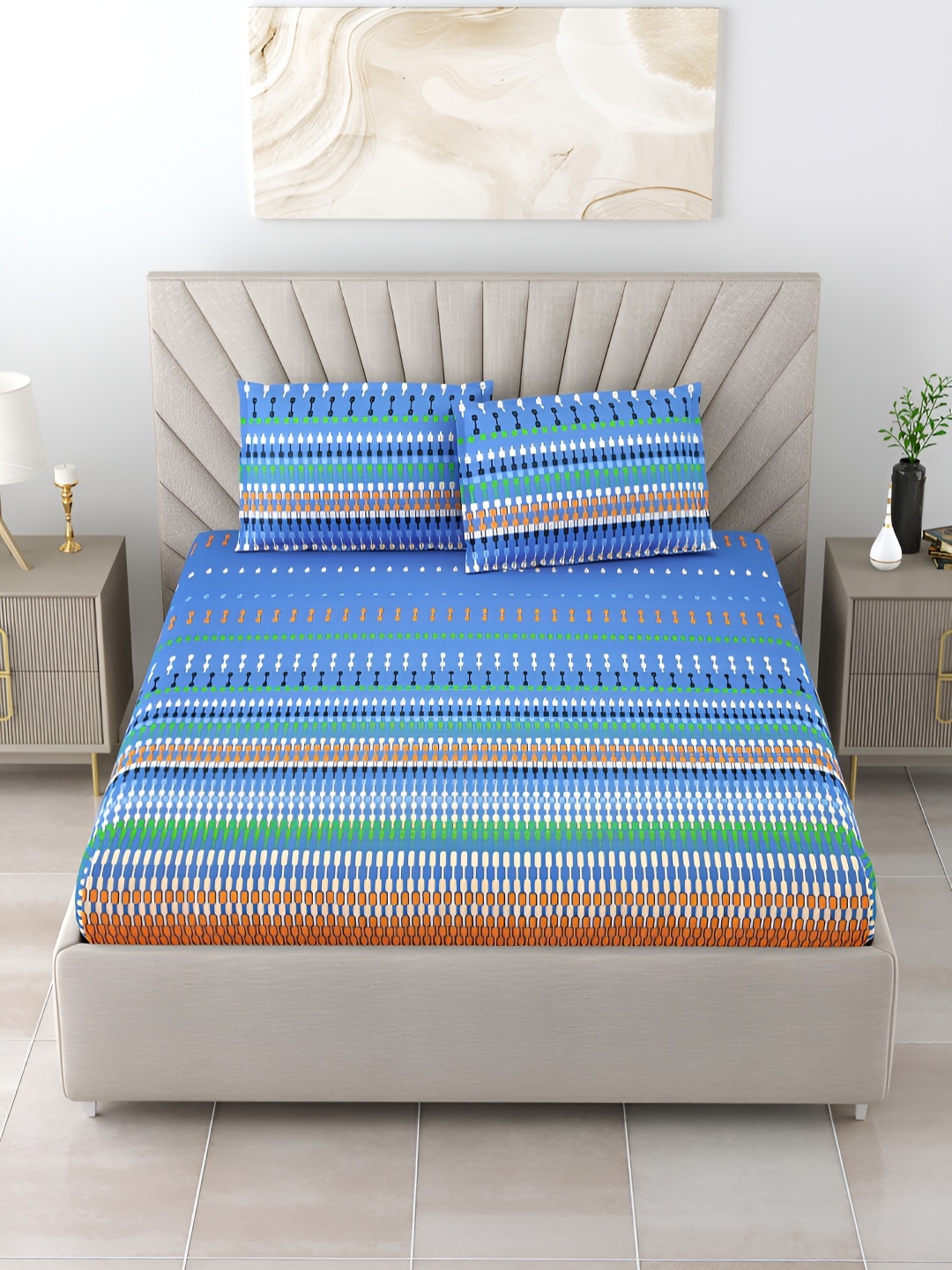 BOMBAY DYEING Blue & Orange Geometric Cotton 180 TC King Bedsheet with 2 Pillow Covers
BOMBAY DYEING Blue & Orange Geometric Cotton 180 TC King Bedsheet with 2 Pillow Covers