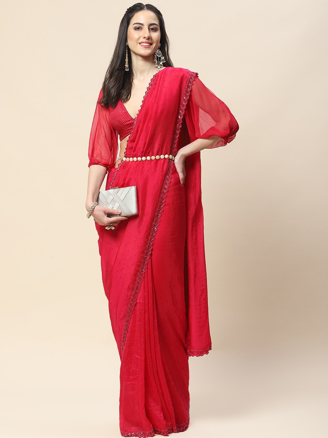 Meena Bazaar Embellished Beads & Stones Organza Saree, Pink