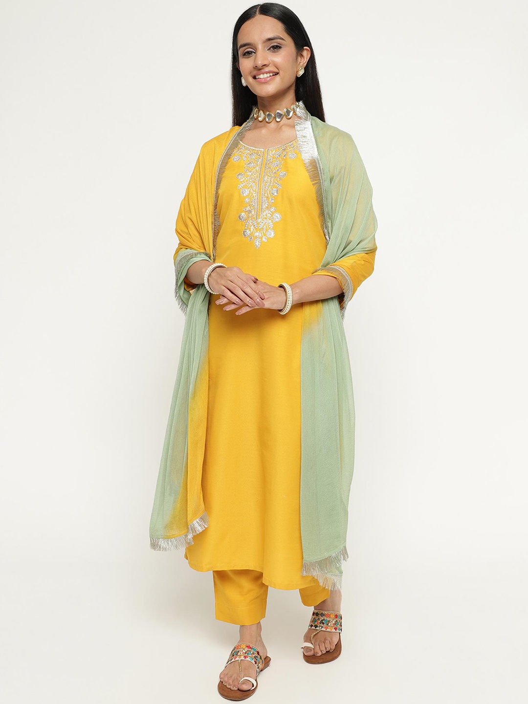 KALINI Ethnic Motifs Embroidered Regular Thread Work Kurta With Trousers & Dupatta, Yellow
KALINI Ethnic Motifs Embroidered Regular Thread Work Kurta With Trousers & Dupatta, Yellow