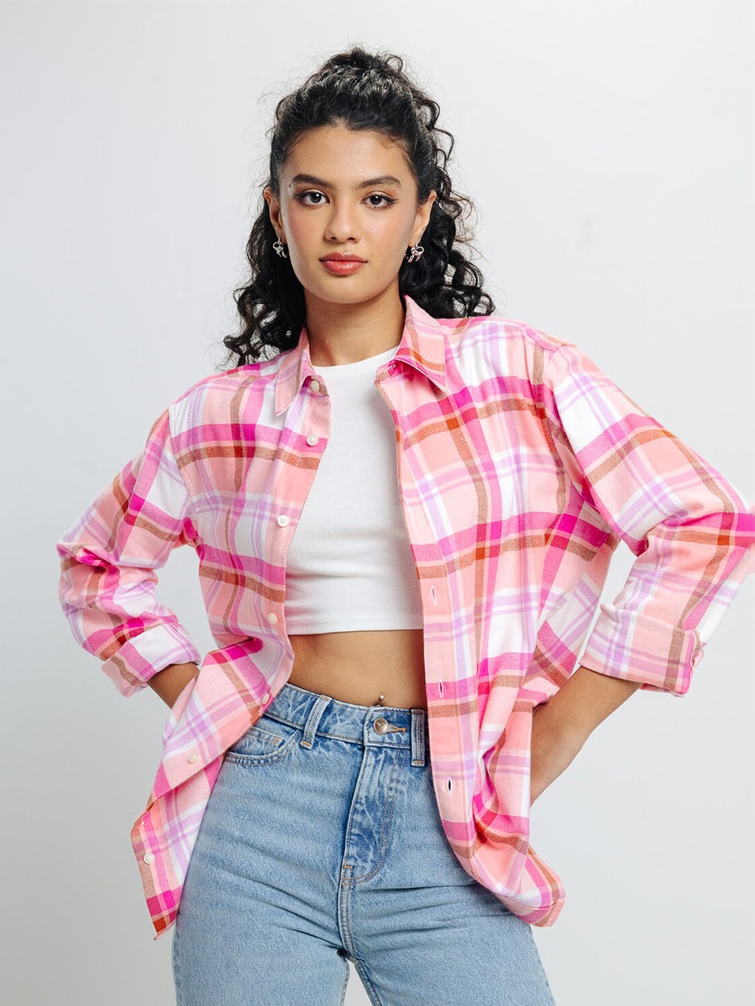FREAKINS Tartan Checks Cotton Checked Casual Shirt, Pink