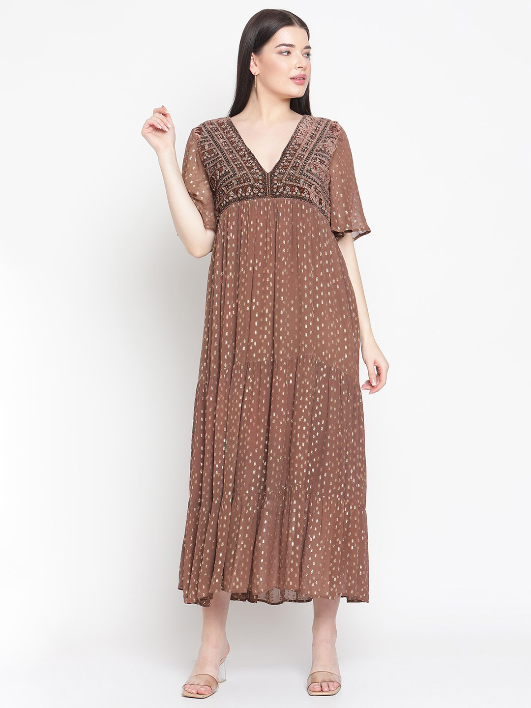Amagyaa Geometric Self Design Embroidered V-Neck Flared Sleeve Georgette Maxi Dress, Brown
Amagyaa Geometric Self Design Embroidered V-Neck Flared Sleeve Georgette Maxi Dress, Brown