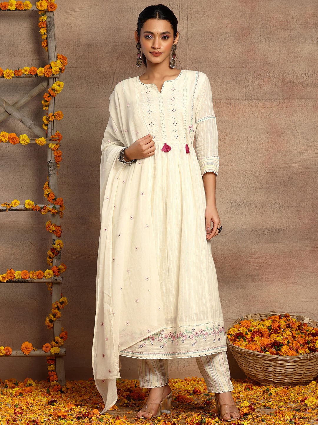 INDYA Ethnic Motifs Embroidered Pure Cotton Anarkali Kurta With Trouser & Dupatta Set, White
INDYA Ethnic Motifs Embroidered Pure Cotton Anarkali Kurta With Trouser & Dupatta Set, White