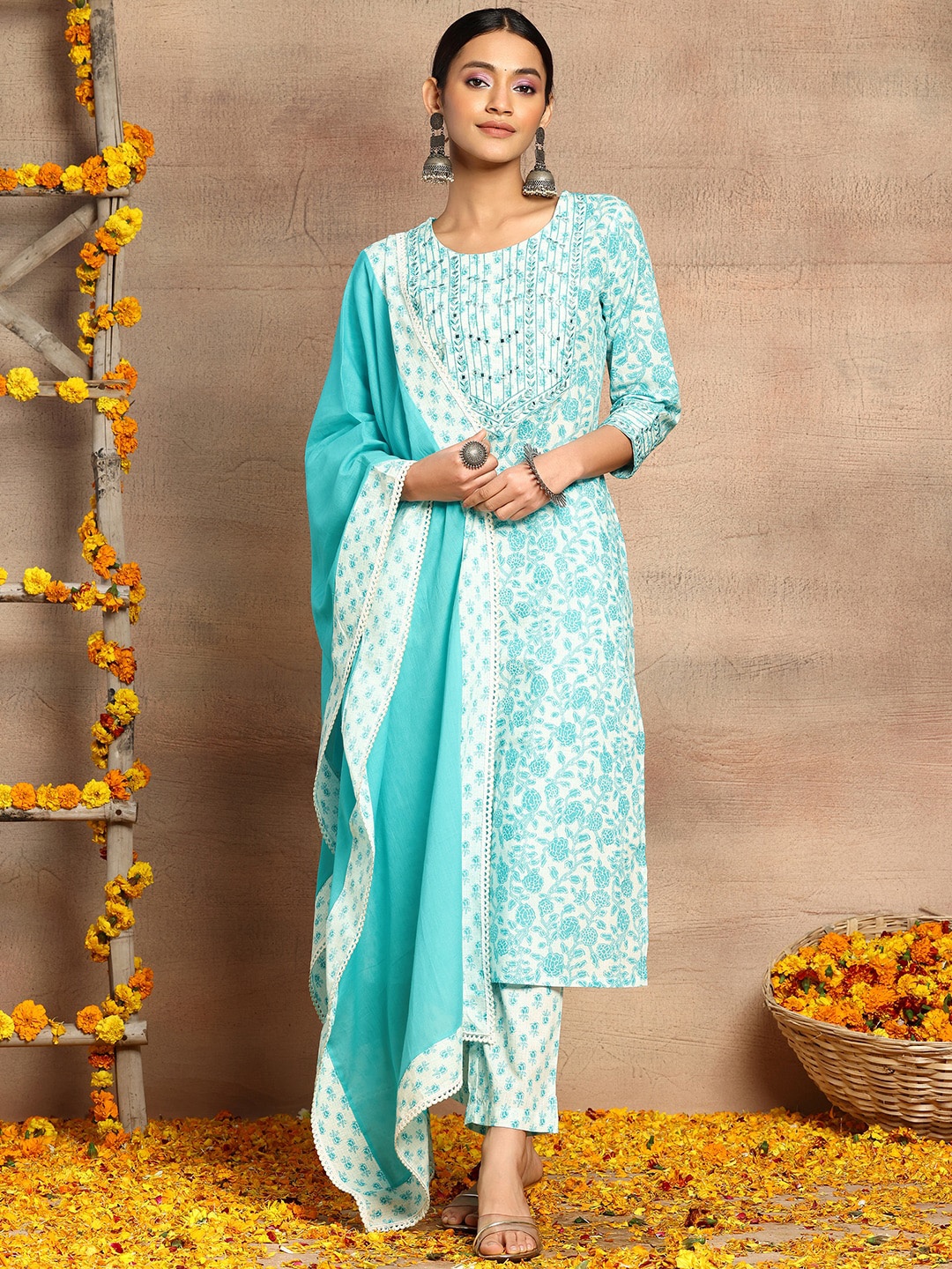 INDYA Floral Printed Thread Work Pure Cotton Straight Kurta With Trouser & Dupatta, White
INDYA Floral Printed Thread Work Pure Cotton Straight Kurta With Trouser & Dupatta, White