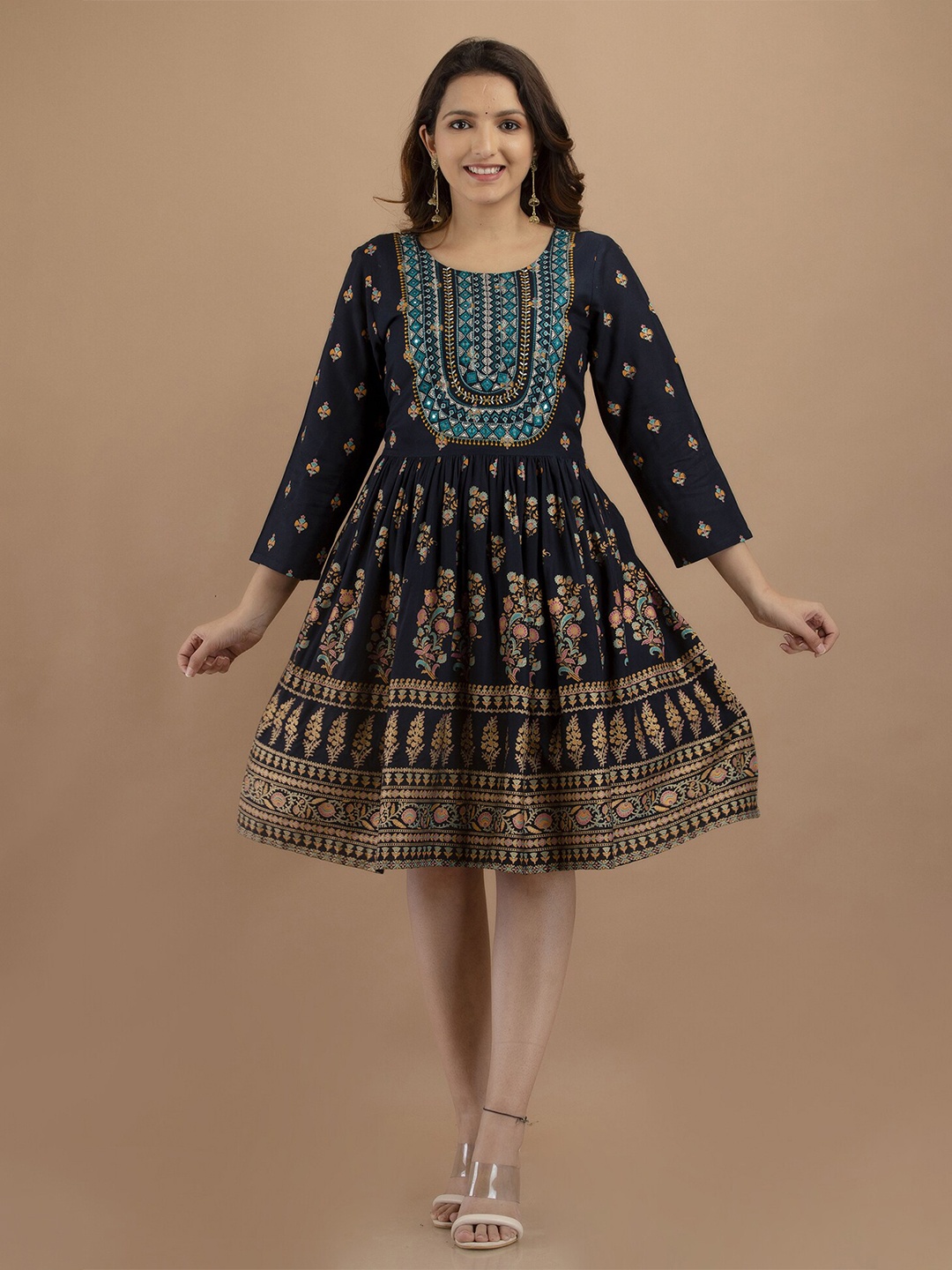 BAESD Floral Printed Mirror Work Mirror Work Kurti, Black
