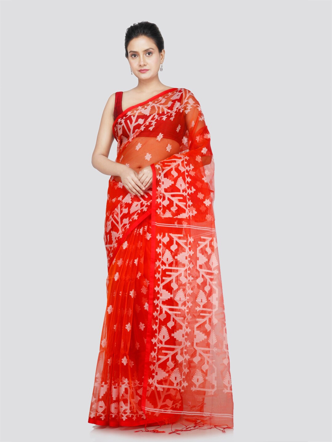 PinkLoom Woven Design Jamdani Saree, Orange