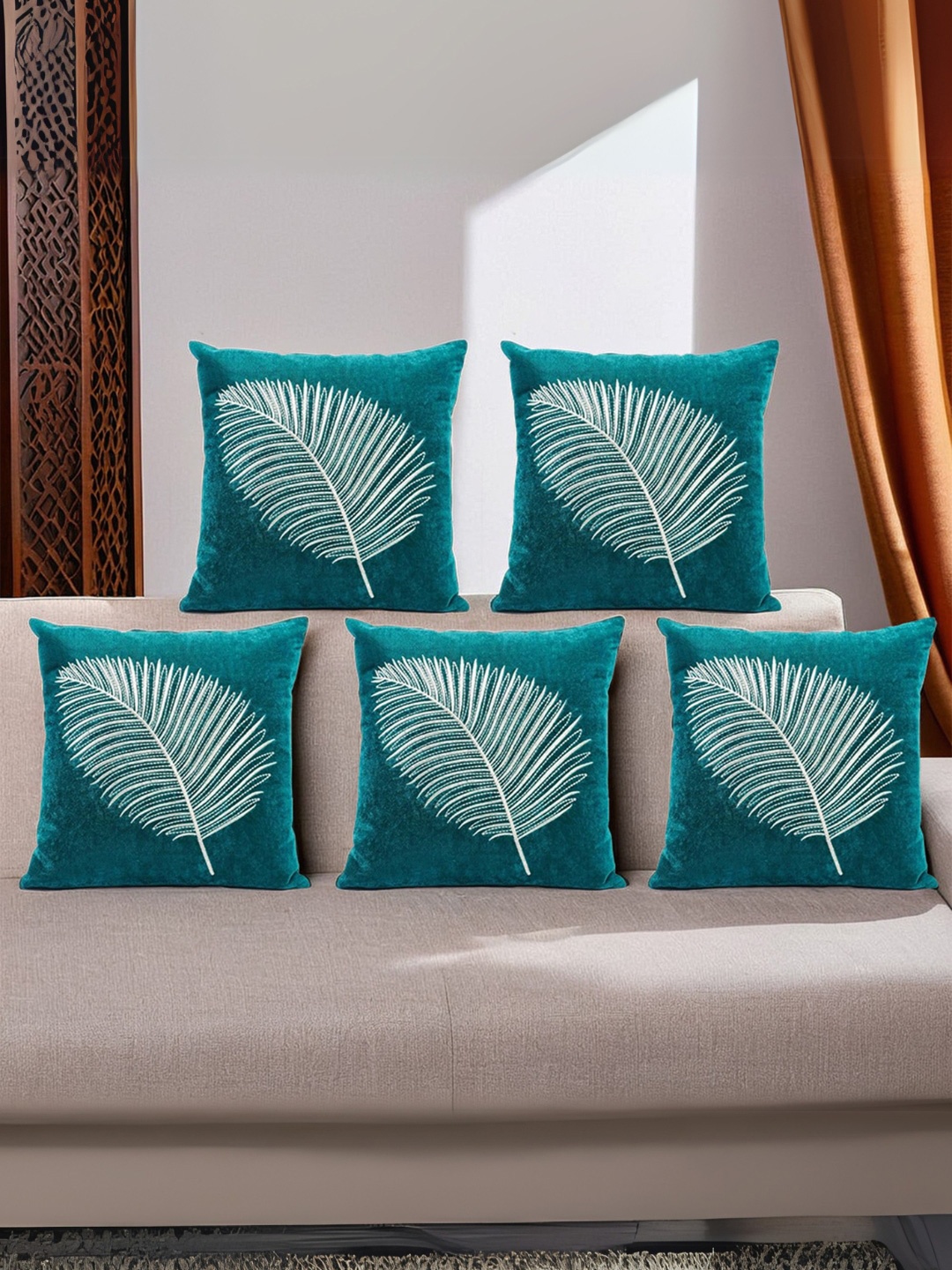 Decoghar Turquoise Zari Leaf Embroidered 5 Pieces Square Cushion Covers, Turquoise blue
Decoghar Turquoise Zari Leaf Embroidered 5 Pieces Square Cushion Covers, Turquoise blue